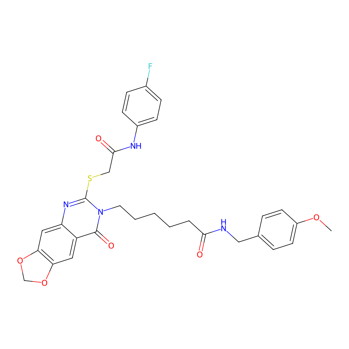 6-[6-({[(4-fluorophenyl)carbamoyl]methyl}sulfanyl)-8-oxo-2H,7H,8H-[1,3]dioxolo[4,5-g]quinazolin-7-yl]-N-[(4-methoxyphenyl)methyl]hexanamide molecular structure, CAS 688061-17-8