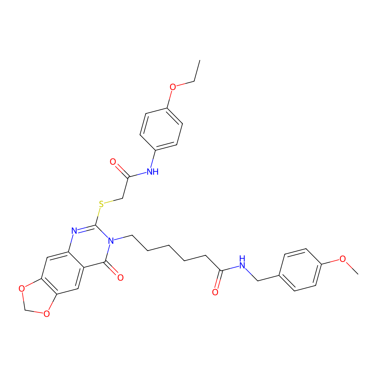 6-[6-({[(4-ethoxyphenyl)carbamoyl]methyl}sulfanyl)-8-oxo-2H,7H,8H-[1,3]dioxolo[4,5-g]quinazolin-7-yl]-N-[(4-methoxyphenyl)methyl]hexanamide molecular structure, CAS 688061-18-9