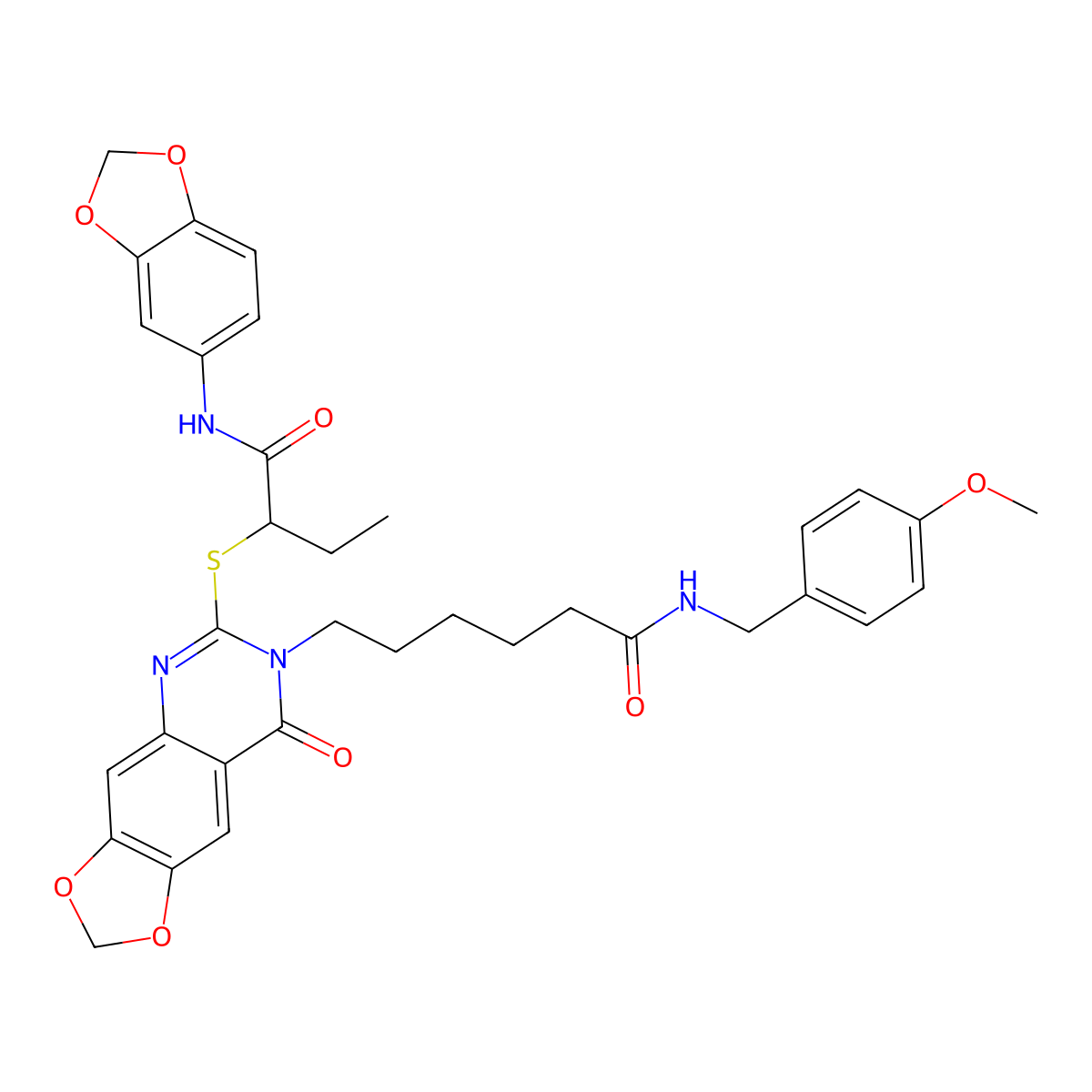 6-[6-({1-[(2H-1,3-benzodioxol-5-yl)carbamoyl]propyl}sulfanyl)-8-oxo-2H,7H,8H-[1,3]dioxolo[4,5-g]quinazolin-7-yl]-N-[(4-methoxyphenyl)methyl]hexanamide molecular structure, CAS 688061-19-0