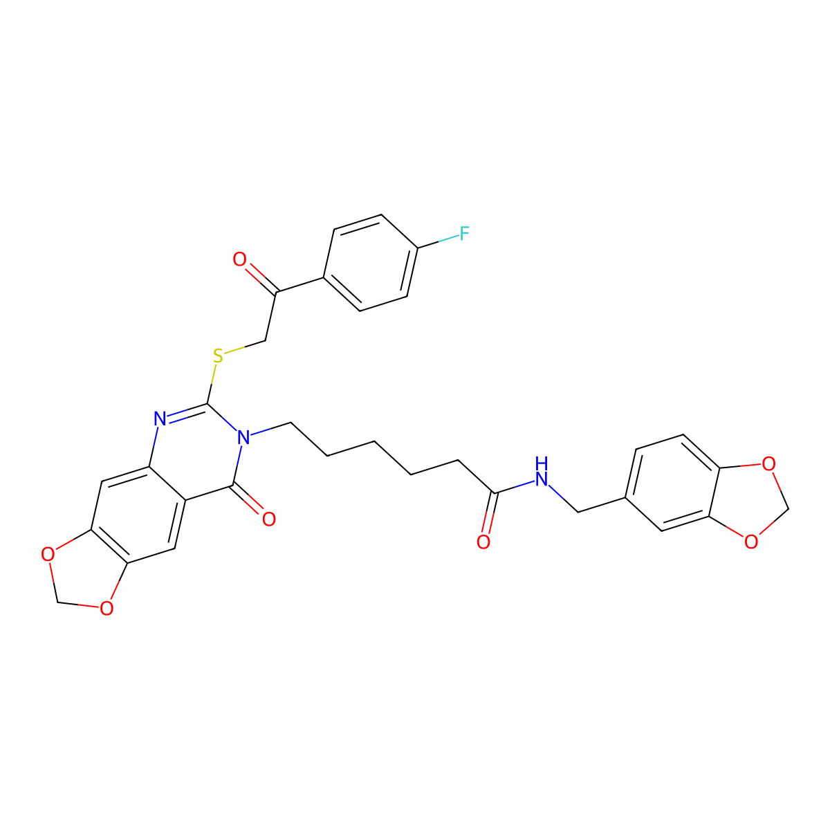 N-[(2H-1,3-benzodioxol-5-yl)methyl]-6-(6-{[2-(4-fluorophenyl)-2-oxoethyl]sulfanyl}-8-oxo-2H,7H,8H-[1,3]dioxolo[4,5-g]quinazolin-7-yl)hexanamide molecular structure, CAS 688061-20-3
