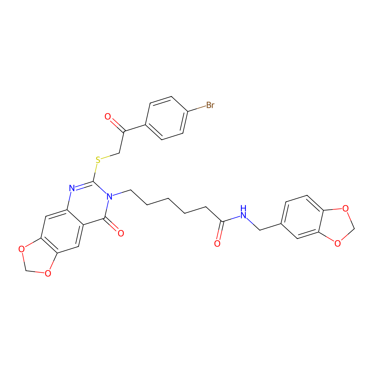 N-(1,3-benzodioxol-5-ylmethyl)-6-[6-{[2-(4-bromophenyl)-2-oxoethyl]thio}-8-oxo[1,3]dioxolo[4,5-g]quinazolin-7(8H)-yl]hexanamide molecular structure, CAS 688061-21-4