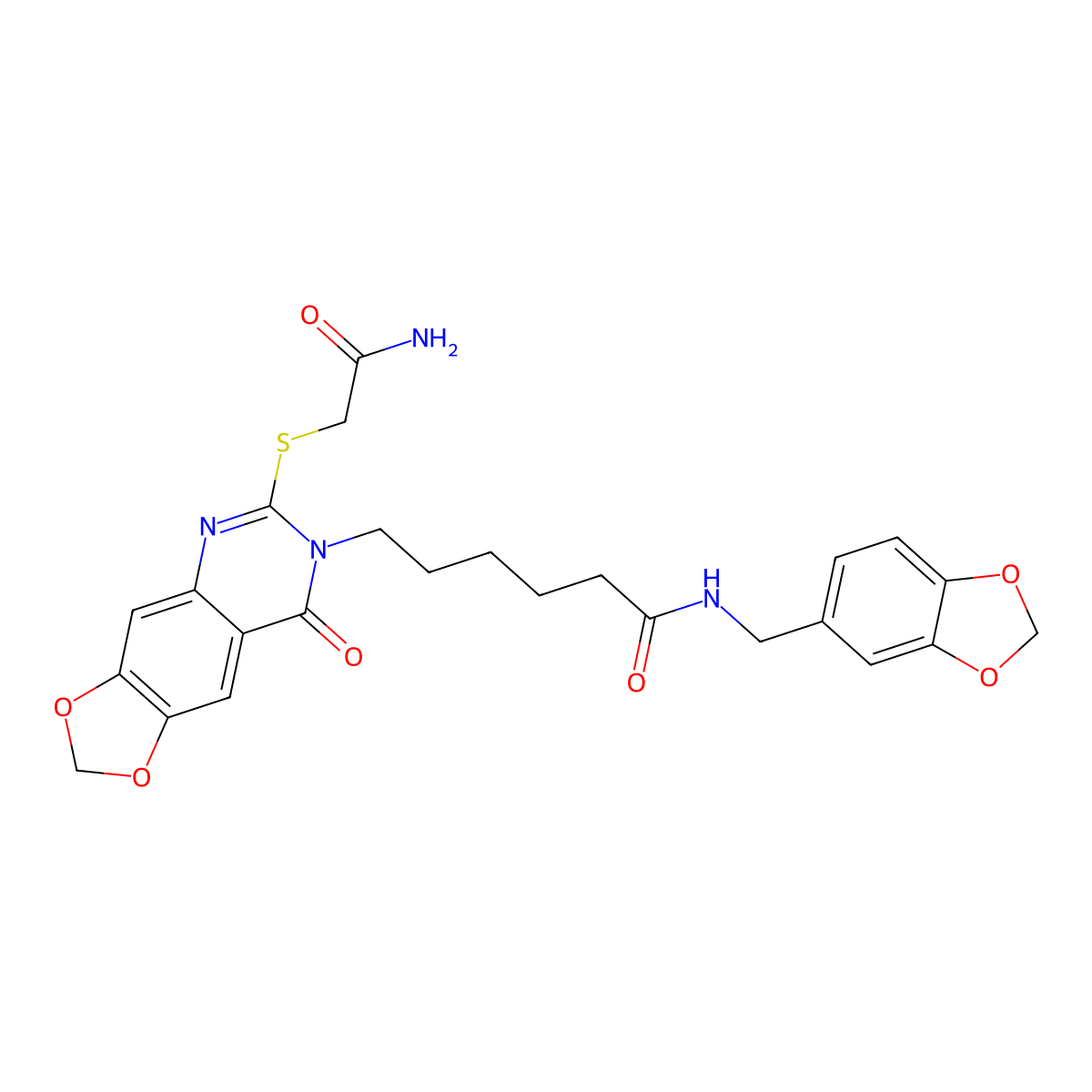6-[6-(2-amino-2-oxoethyl)sulfanyl-8-oxo-[1,3]dioxolo[4,5-g]quinazolin-7-yl]-N-(1,3-benzodioxol-5-ylmethyl)hexanamide molecular structure, CAS 688061-26-9