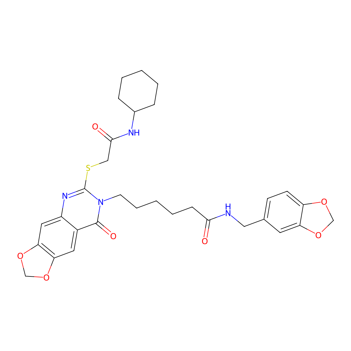 N-[(2H-1,3-benzodioxol-5-yl)methyl]-6-(6-{[(cyclohexylcarbamoyl)methyl]sulfanyl}-8-oxo-2H,7H,8H-[1,3]dioxolo[4,5-g]quinazolin-7-yl)hexanamide molecular structure, CAS 688061-27-0