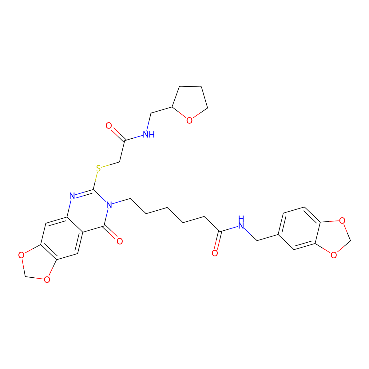 N-[(2H-1,3-benzodioxol-5-yl)methyl]-6-{8-oxo-6-[({[(oxolan-2-yl)methyl]carbamoyl}methyl)sulfanyl]-2H,7H,8H-[1,3]dioxolo[4,5-g]quinazolin-7-yl}hexanamide molecular structure, CAS 688061-29-2