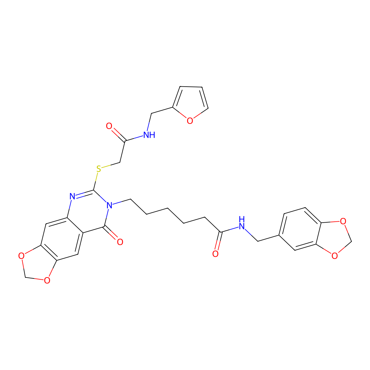 N-(1,3-benzodioxol-5-ylmethyl)-6-[6-({2-[(2-furylmethyl)amino]-2-oxoethyl}thio)-8-oxo[1,3]dioxolo[4,5-g]quinazolin-7(8H)-yl]hexanamide molecular structure, CAS 688061-31-6