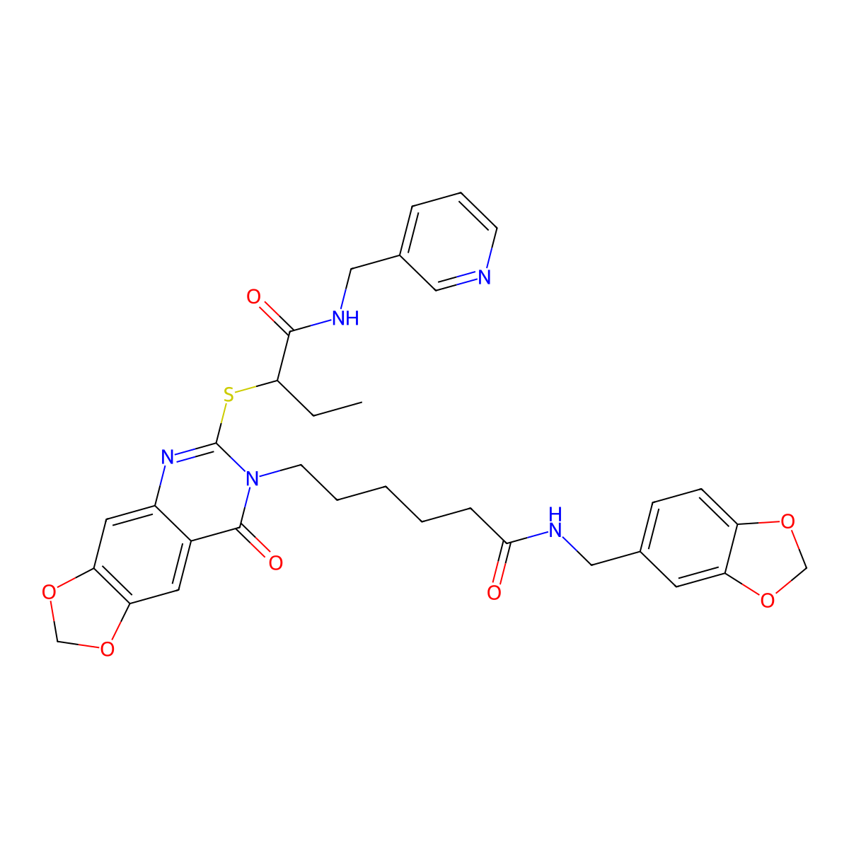 N-[(2H-1,3-benzodioxol-5-yl)methyl]-6-{8-oxo-6-[(1-{[(pyridin-3-yl)methyl]carbamoyl}propyl)sulfanyl]-2H,7H,8H-[1,3]dioxolo[4,5-g]quinazolin-7-yl}hexanamide molecular structure, CAS 688061-32-7