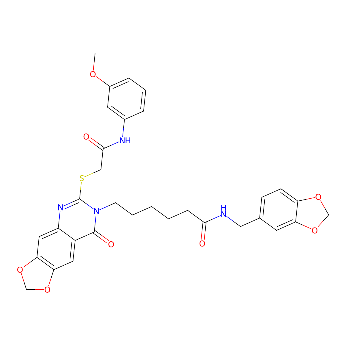 N-[(2H-1,3-benzodioxol-5-yl)methyl]-6-[6-({[(3-methoxyphenyl)carbamoyl]methyl}sulfanyl)-8-oxo-2H,7H,8H-[1,3]dioxolo[4,5-g]quinazolin-7-yl]hexanamide molecular structure, CAS 688061-37-2