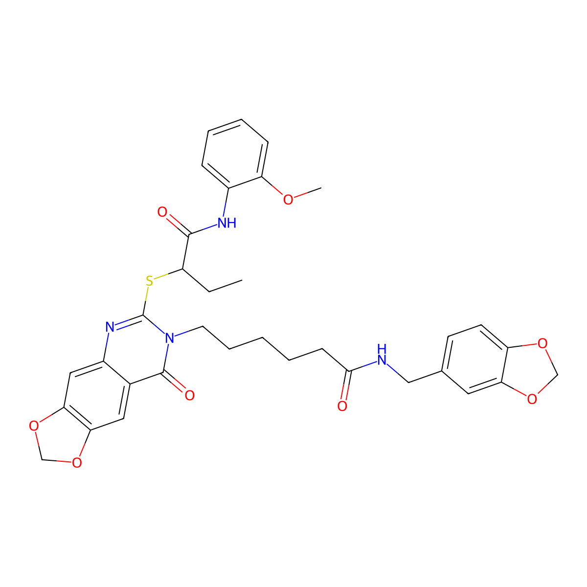 N-[(2H-1,3-benzodioxol-5-yl)methyl]-6-[6-({1-[(2-methoxyphenyl)carbamoyl]propyl}sulfanyl)-8-oxo-2H,7H,8H-[1,3]dioxolo[4,5-g]quinazolin-7-yl]hexanamide molecular structure, CAS 688061-38-3