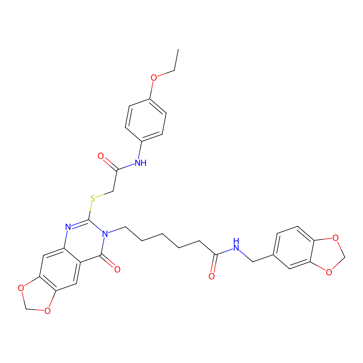 N-[(2H-1,3-benzodioxol-5-yl)methyl]-6-[6-({[(4-ethoxyphenyl)carbamoyl]methyl}sulfanyl)-8-oxo-2H,7H,8H-[1,3]dioxolo[4,5-g]quinazolin-7-yl]hexanamide molecular structure, CAS 688061-39-4