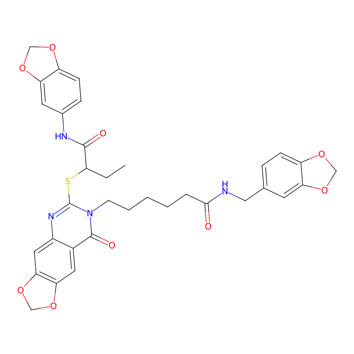 6-(6-((1-(benzo[d][1,3]dioxol-5-ylamino)-1-oxobutan-2-yl)thio)-8-oxo-[1,3]dioxolo[4,5-g]quinazolin-7(8H)-yl)-N-(benzo[d][1,3]dioxol-5-ylmethyl)hexanamide molecular structure, CAS 688061-42-9