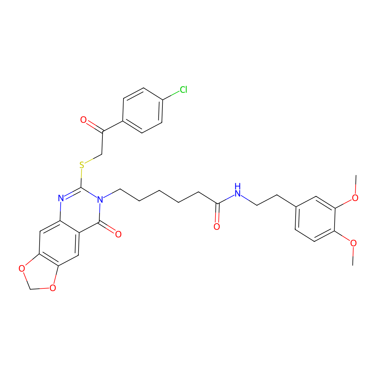 6-(6-((2-(4-chlorophenyl)-2-oxoethyl)thio)-8-oxo-[1,3]dioxolo[4,5-g]quinazolin-7(8H)-yl)-N-(3,4-dimethoxyphenethyl)hexanamide molecular structure, CAS 688061-46-3