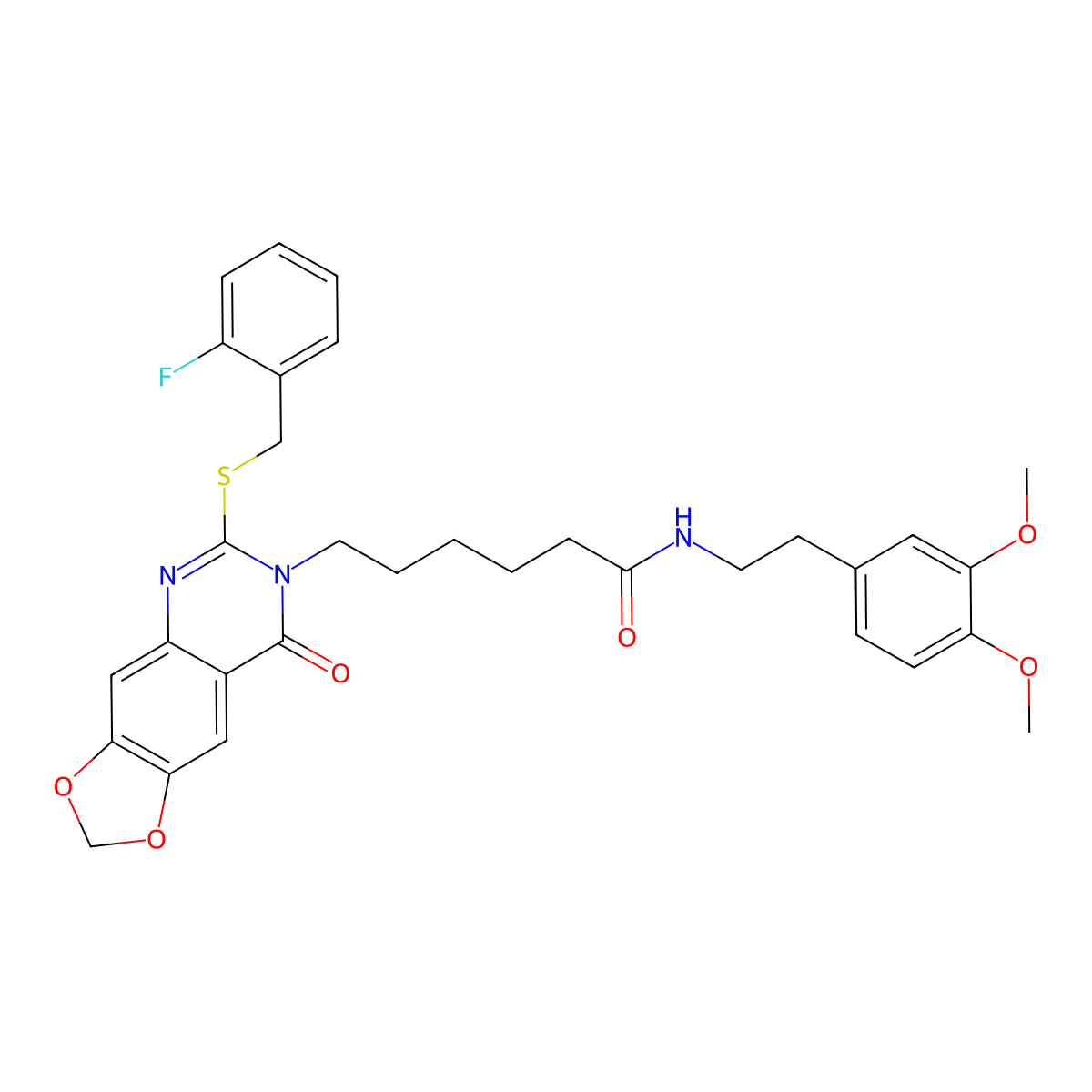 N-(3,4-dimethoxyphenethyl)-6-(6-((2-fluorobenzyl)thio)-8-oxo-[1,3]dioxolo[4,5-g]quinazolin-7(8H)-yl)hexanamide molecular structure, CAS 688061-49-6