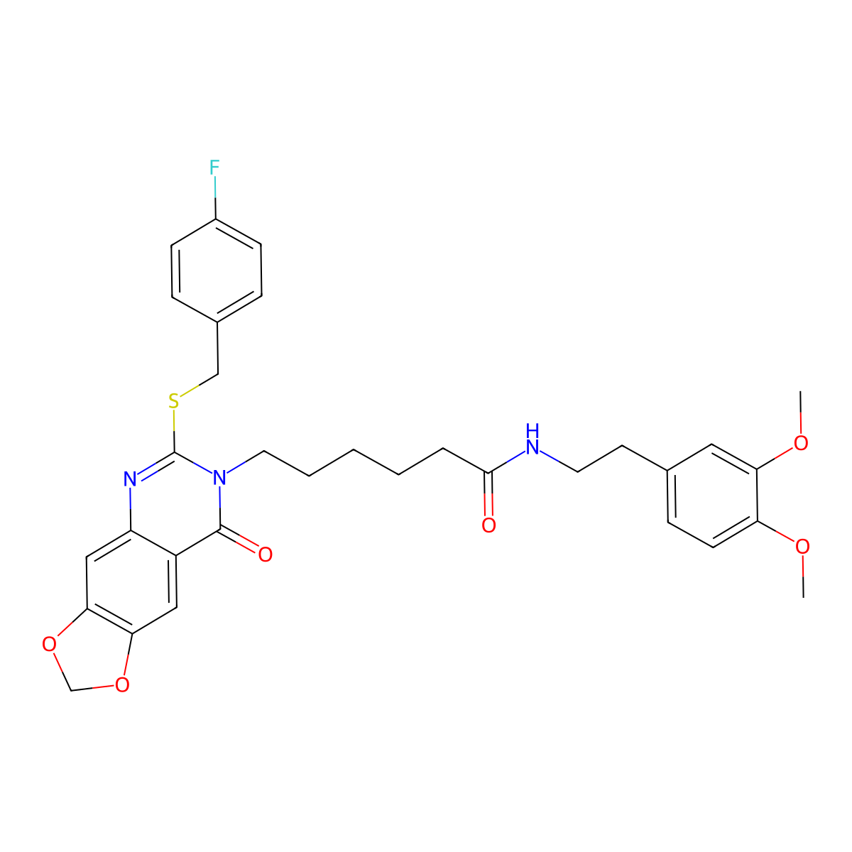 N-(3,4-dimethoxyphenethyl)-6-(6-((4-fluorobenzyl)thio)-8-oxo-[1,3]dioxolo[4,5-g]quinazolin-7(8H)-yl)hexanamide molecular structure, CAS 688061-51-0