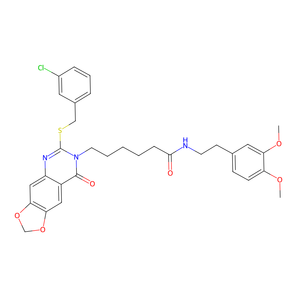 6-(6-((3-chlorobenzyl)thio)-8-oxo-[1,3]dioxolo[4,5-g]quinazolin-7(8H)-yl)-N-(3,4-dimethoxyphenethyl)hexanamide molecular structure, CAS 688061-53-2