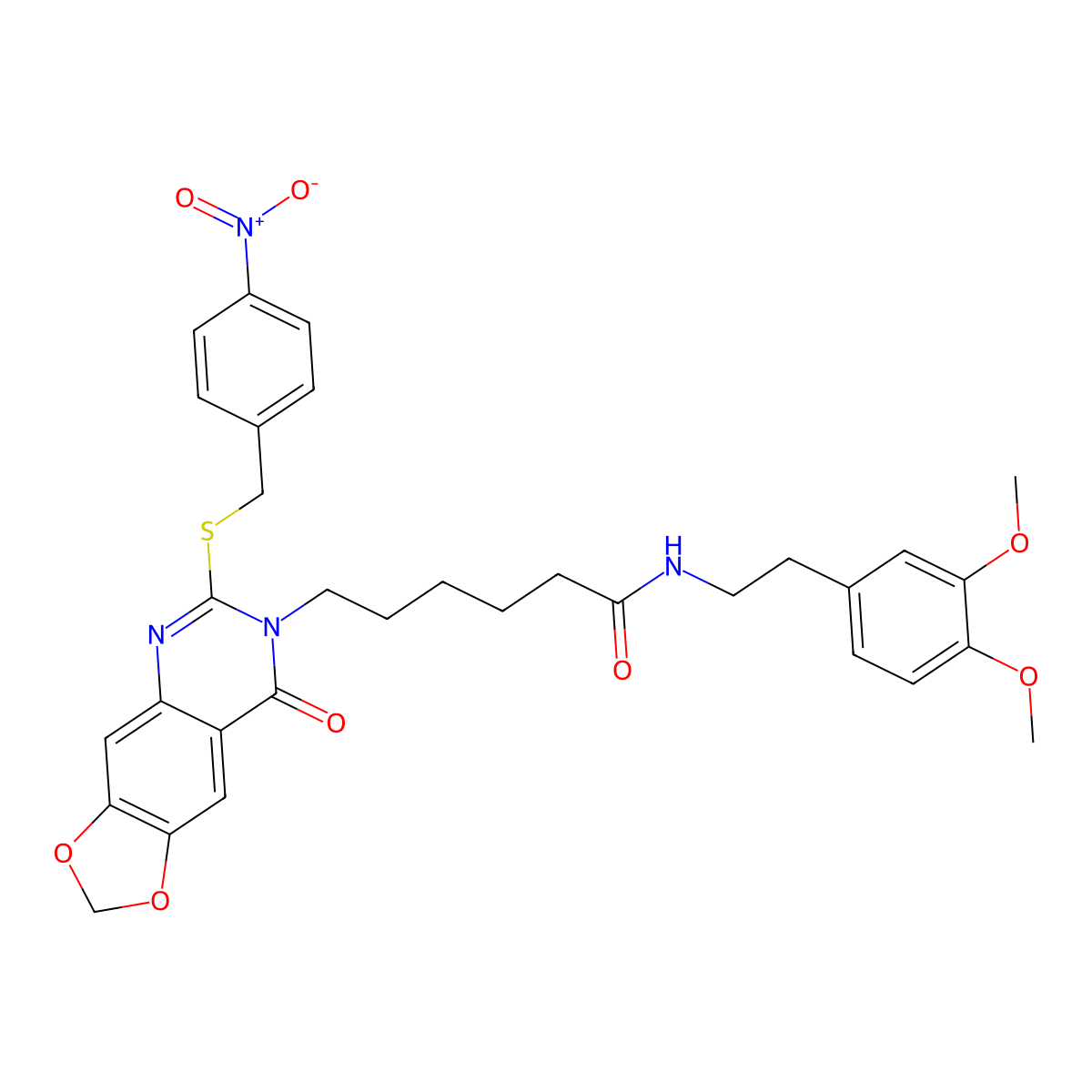 N-(3,4-dimethoxyphenethyl)-6-(6-((4-nitrobenzyl)thio)-8-oxo-[1,3]dioxolo[4,5-g]quinazolin-7(8H)-yl)hexanamide molecular structure, CAS 688061-56-5