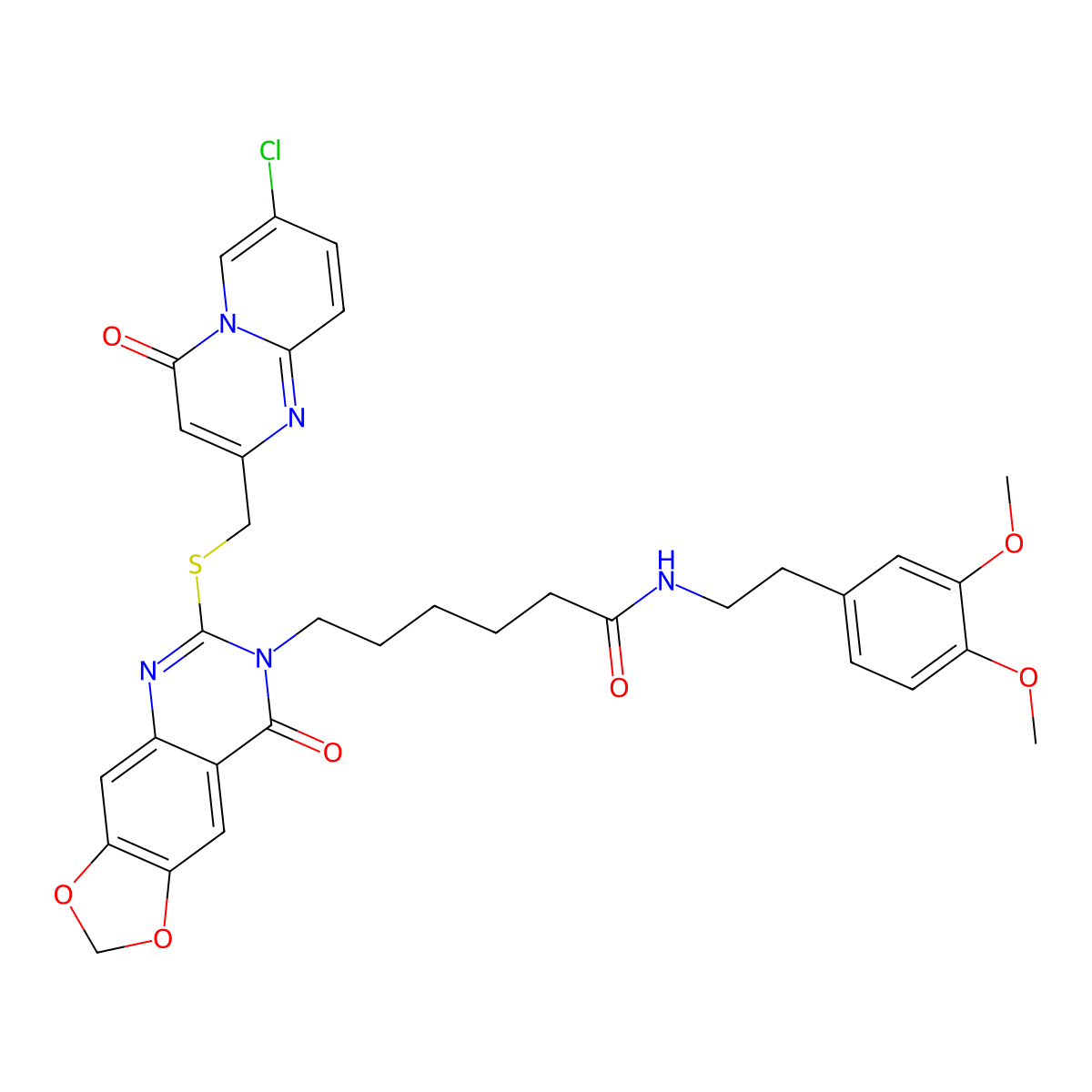 6-(6-(((7-chloro-4-oxo-4H-pyrido[1,2-a]pyrimidin-2-yl)methyl)thio)-8-oxo-[1,3]dioxolo[4,5-g]quinazolin-7(8H)-yl)-N-(3,4-dimethoxyphenethyl)hexanamide molecular structure, CAS 688061-57-6