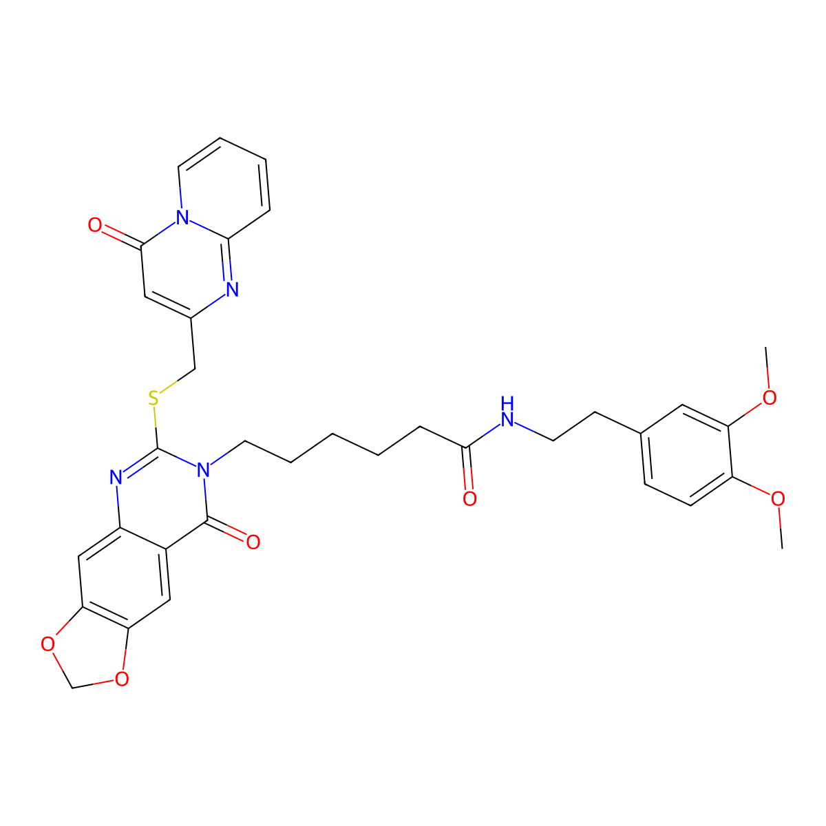 N-(3,4-dimethoxyphenethyl)-6-(8-oxo-6-(((4-oxo-4H-pyrido[1,2-a]pyrimidin-2-yl)methyl)thio)-[1,3]dioxolo[4,5-g]quinazolin-7(8H)-yl)hexanamide molecular structure, CAS 688061-58-7