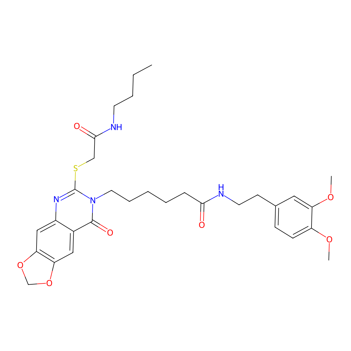 6-(6-((2-(butylamino)-2-oxoethyl)thio)-8-oxo-[1,3]dioxolo[4,5-g]quinazolin-7(8H)-yl)-N-(3,4-dimethoxyphenethyl)hexanamide molecular structure, CAS 688061-62-3
