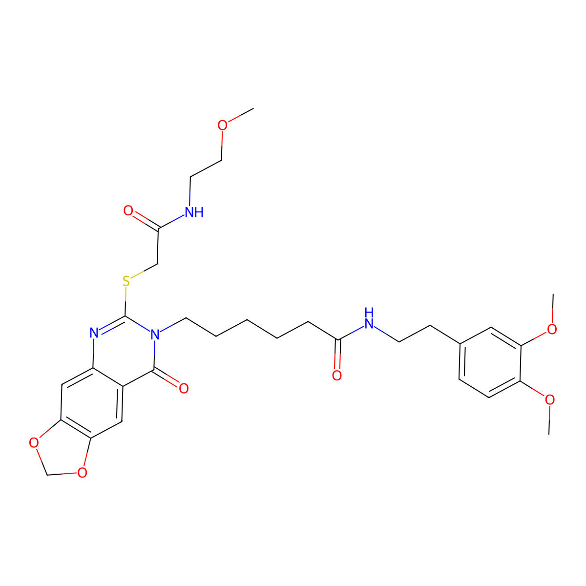 N-(3,4-dimethoxyphenethyl)-6-(6-((2-((2-methoxyethyl)amino)-2-oxoethyl)thio)-8-oxo-[1,3]dioxolo[4,5-g]quinazolin-7(8H)-yl)hexanamide molecular structure, CAS 688061-64-5