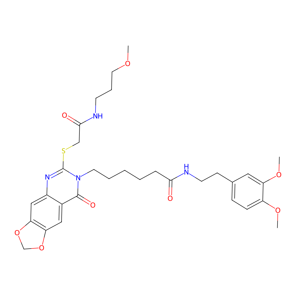 N-(3,4-dimethoxyphenethyl)-6-(6-((2-((3-methoxypropyl)amino)-2-oxoethyl)thio)-8-oxo-[1,3]dioxolo[4,5-g]quinazolin-7(8H)-yl)hexanamide molecular structure, CAS 688061-65-6