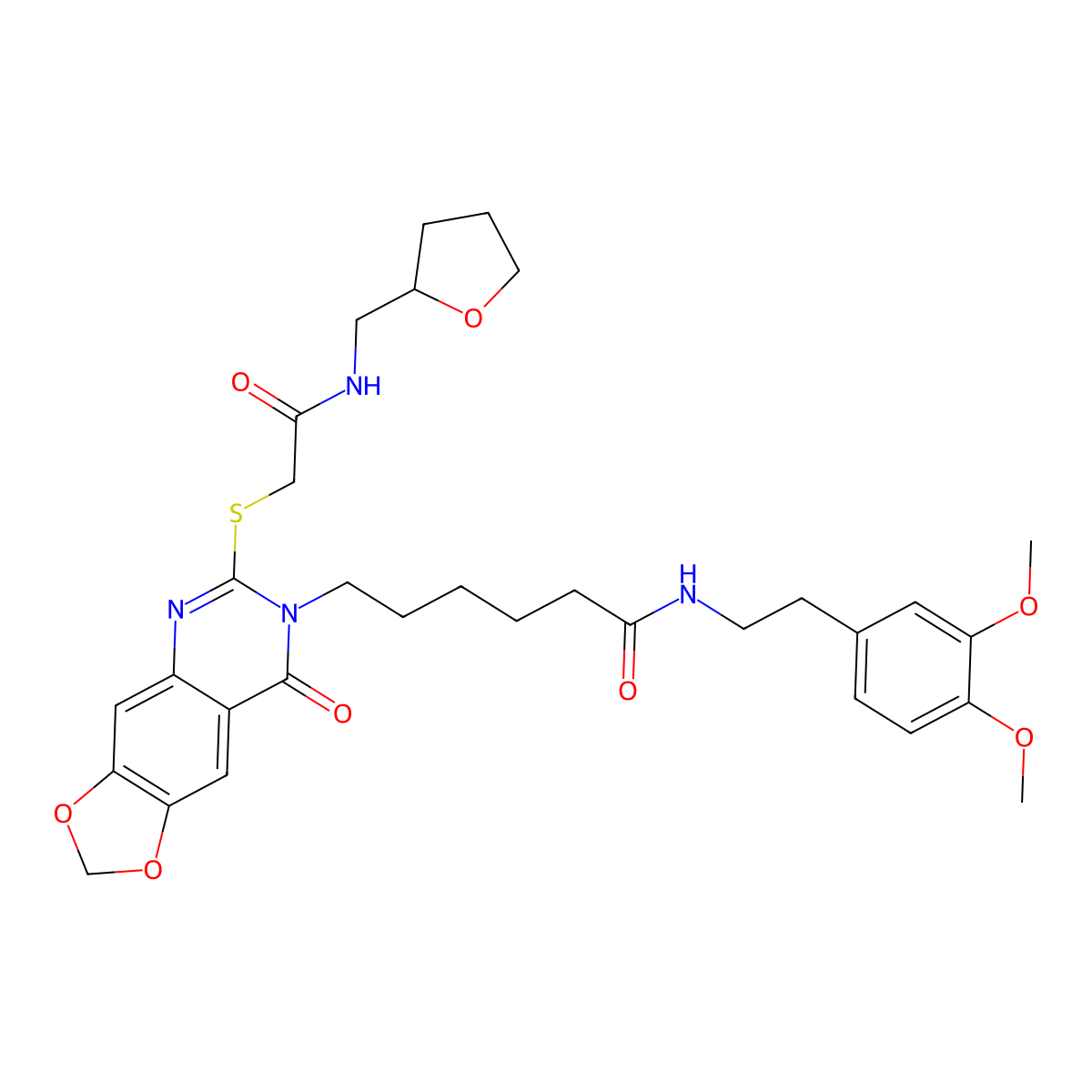 N-(3,4-dimethoxyphenethyl)-6-(8-oxo-6-((2-oxo-2-(((tetrahydrofuran-2-yl)methyl)amino)ethyl)thio)-[1,3]dioxolo[4,5-g]quinazolin-7(8H)-yl)hexanamide molecular structure, CAS 688061-66-7