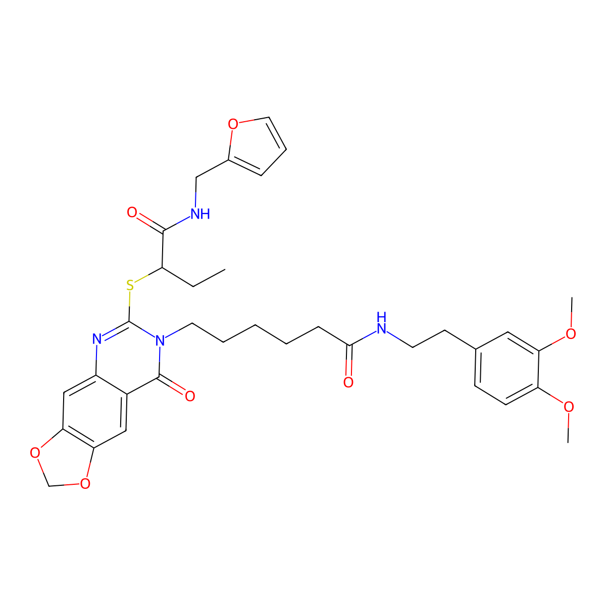 N-[2-(3,4-dimethoxyphenyl)ethyl]-6-{6-[(1-{[(furan-2-yl)methyl]carbamoyl}propyl)sulfanyl]-8-oxo-2H,7H,8H-[1,3]dioxolo[4,5-g]quinazolin-7-yl}hexanamide molecular structure, CAS 688061-67-8
