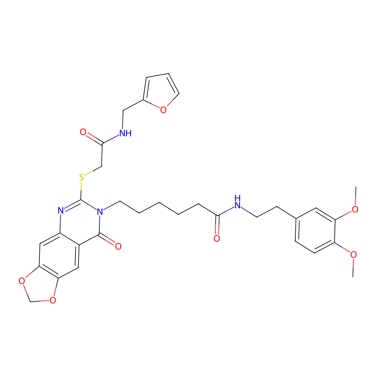 N-(3,4-dimethoxyphenethyl)-6-(6-((2-((furan-2-ylmethyl)amino)-2-oxoethyl)thio)-8-oxo-[1,3]dioxolo[4,5-g]quinazolin-7(8H)-yl)hexanamide molecular structure, CAS 688061-68-9