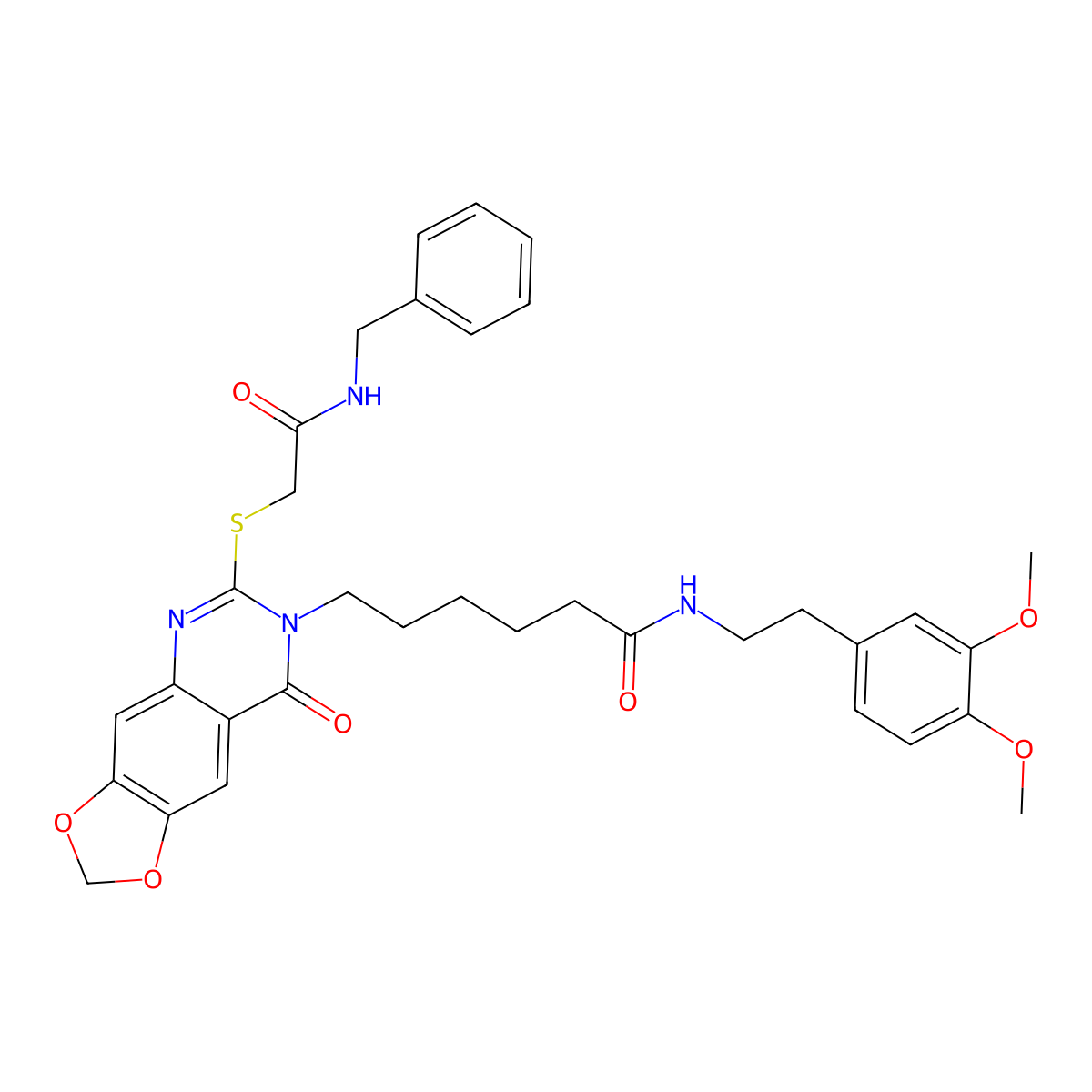6-(6-((2-(benzylamino)-2-oxoethyl)thio)-8-oxo-[1,3]dioxolo[4,5-g]quinazolin-7(8H)-yl)-N-(3,4-dimethoxyphenethyl)hexanamide molecular structure, CAS 688061-69-0