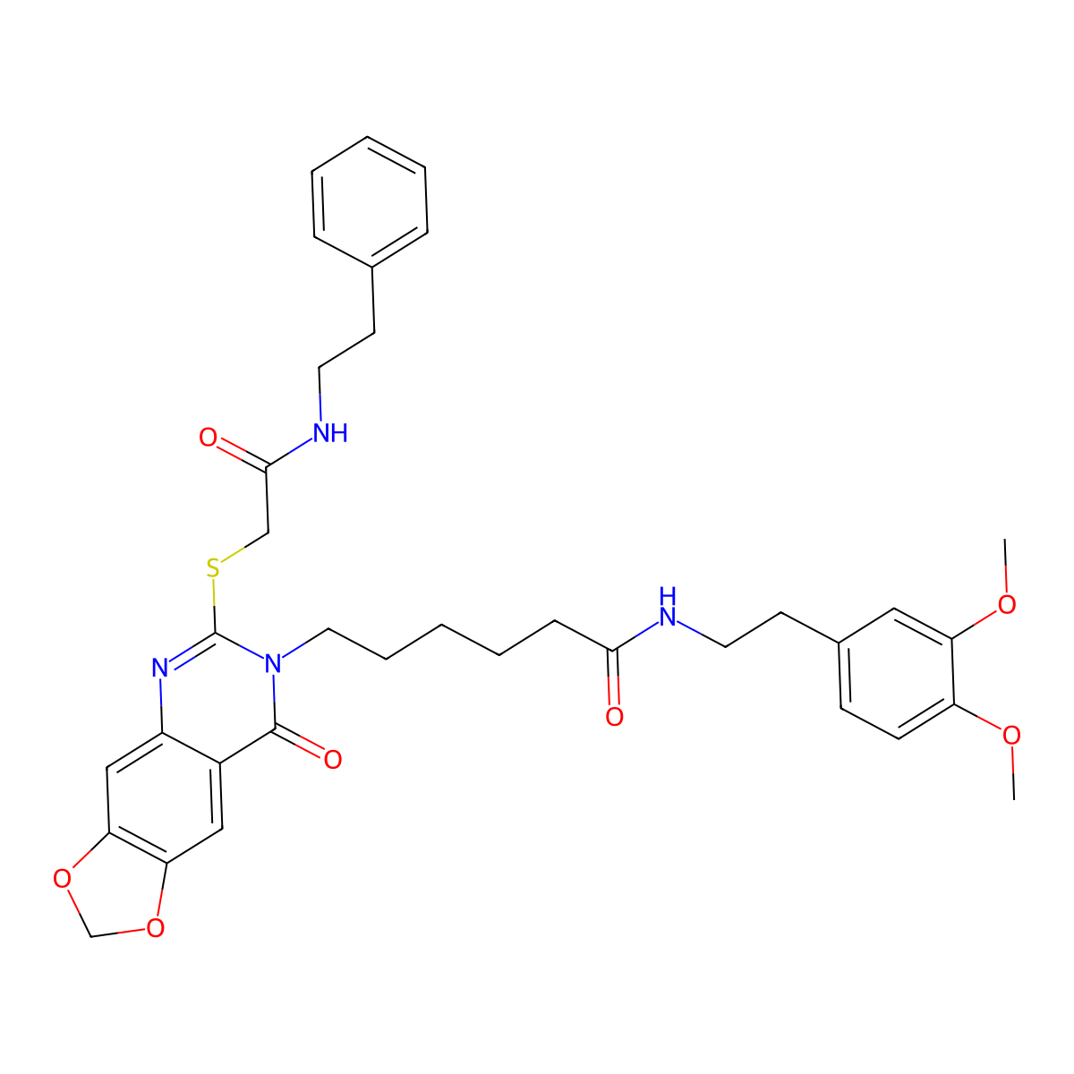 N-[2-(3,4-dimethoxyphenyl)ethyl]-6-[8-oxo-6-({[(2-phenylethyl)carbamoyl]methyl}sulfanyl)-2H,7H,8H-[1,3]dioxolo[4,5-g]quinazolin-7-yl]hexanamide molecular structure, CAS 688061-72-5