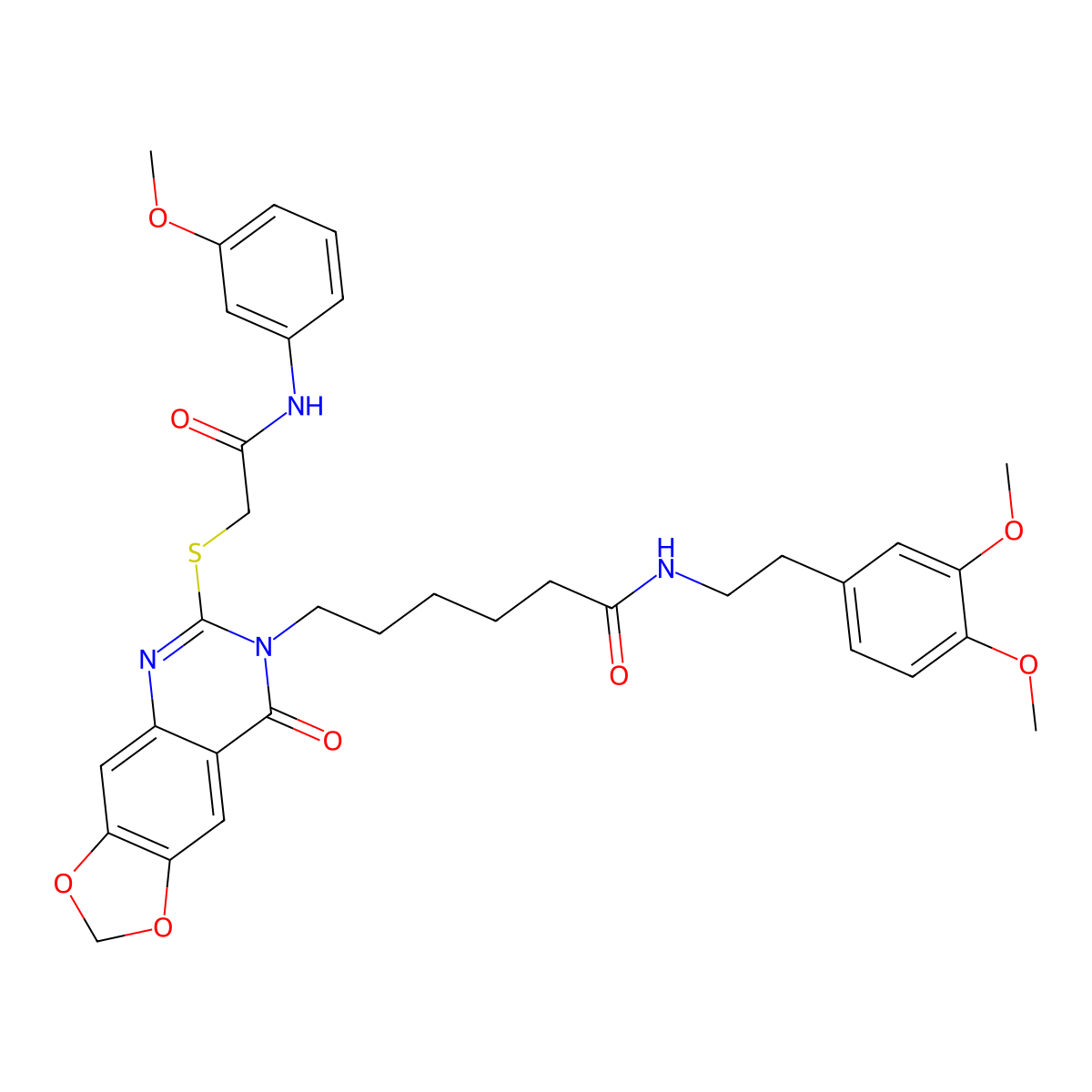 N-(3,4-dimethoxyphenethyl)-6-(6-((2-((3-methoxyphenyl)amino)-2-oxoethyl)thio)-8-oxo-[1,3]dioxolo[4,5-g]quinazolin-7(8H)-yl)hexanamide molecular structure, CAS 688061-75-8