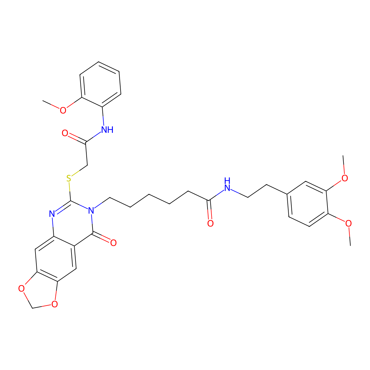 N-(3,4-dimethoxyphenethyl)-6-(6-((2-((2-methoxyphenyl)amino)-2-oxoethyl)thio)-8-oxo-[1,3]dioxolo[4,5-g]quinazolin-7(8H)-yl)hexanamide molecular structure, CAS 688061-76-9
