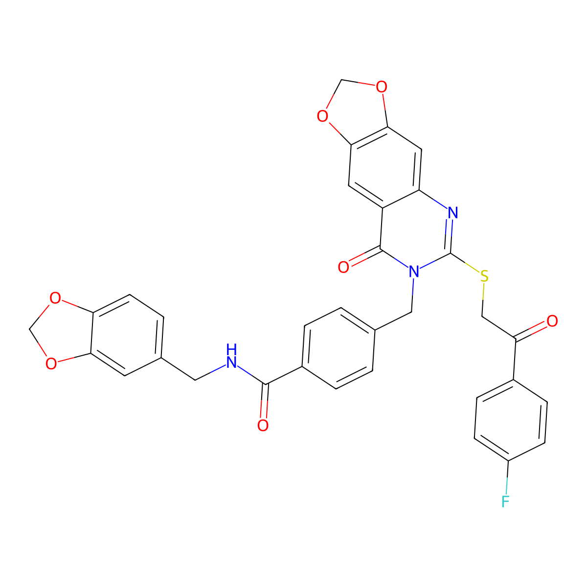 N-(1,3-benzodioxol-5-ylmethyl)-4-{[6-{[2-(4-fluorophenyl)-2-oxoethyl]thio}-8-oxo[1,3]dioxolo[4,5-g]quinazolin-7(8H)-yl]methyl}benzamide molecular structure, CAS 688061-81-6