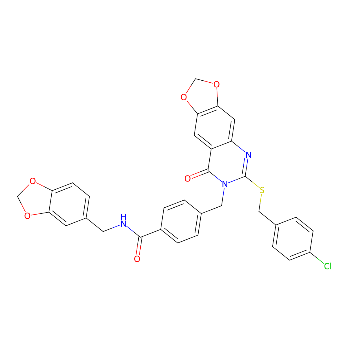 N-[(2H-1,3-benzodioxol-5-yl)methyl]-4-[(6-{[(4-chlorophenyl)methyl]sulfanyl}-8-oxo-2H,7H,8H-[1,3]dioxolo[4,5-g]quinazolin-7-yl)methyl]benzamide molecular structure, CAS 688061-83-8