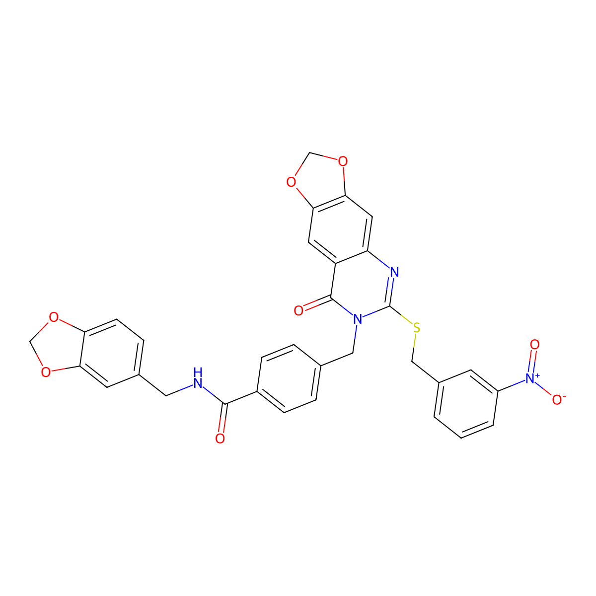 N-[(2H-1,3-benzodioxol-5-yl)methyl]-4-[(6-{[(3-nitrophenyl)methyl]sulfanyl}-8-oxo-2H,7H,8H-[1,3]dioxolo[4,5-g]quinazolin-7-yl)methyl]benzamide molecular structure, CAS 688061-84-9
