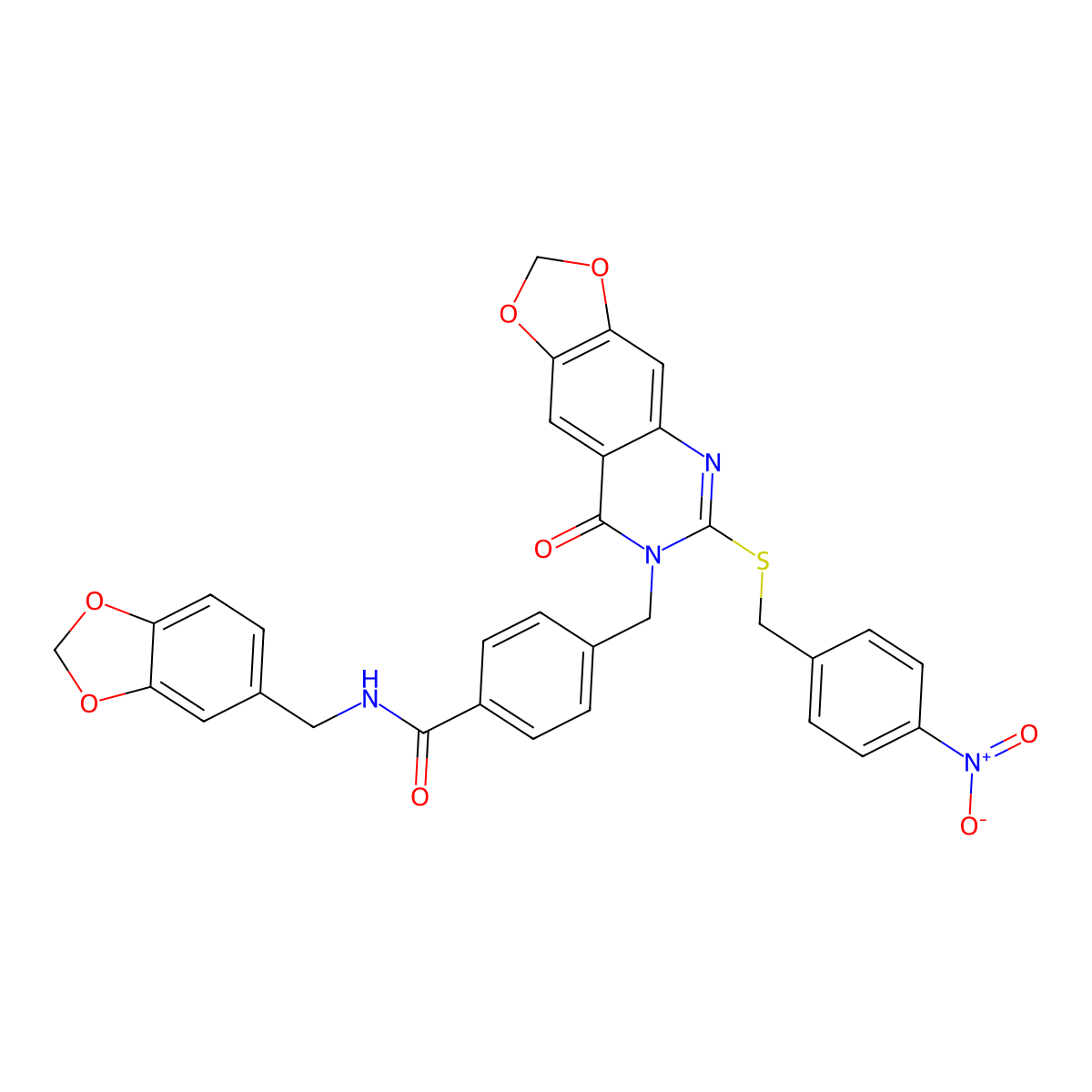 N-[(2H-1,3-benzodioxol-5-yl)methyl]-4-[(6-{[(4-nitrophenyl)methyl]sulfanyl}-8-oxo-2H,7H,8H-[1,3]dioxolo[4,5-g]quinazolin-7-yl)methyl]benzamide molecular structure, CAS 688061-85-0