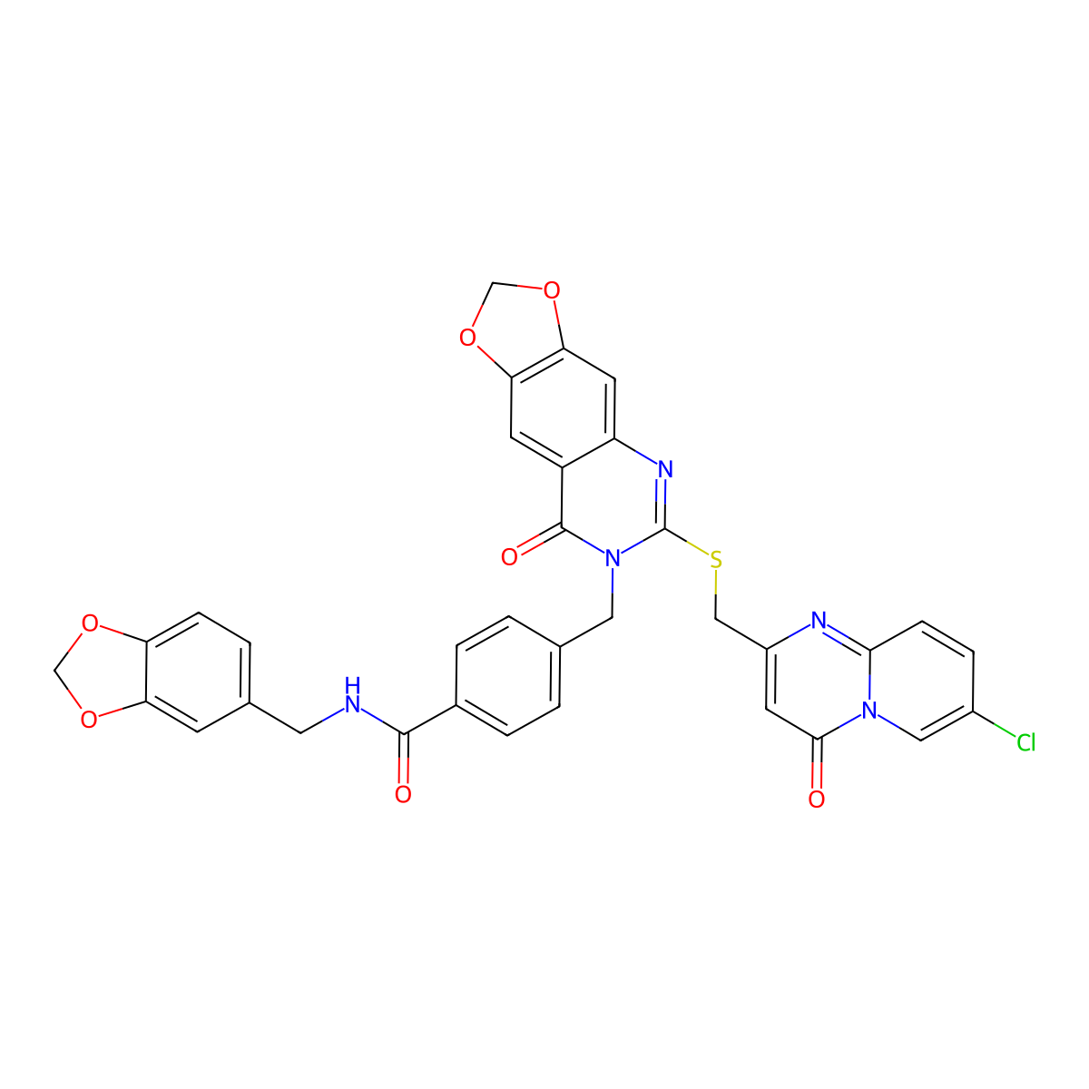 N-(1,3-benzodioxol-5-ylmethyl)-4-{[6-{[(7-chloro-4-oxo-4H-pyrido[1,2-a]pyrimidin-2-yl)methyl]thio}-8-oxo[1,3]dioxolo[4,5-g]quinazolin-7(8H)-yl]methyl}benzamide molecular structure, CAS 688061-86-1