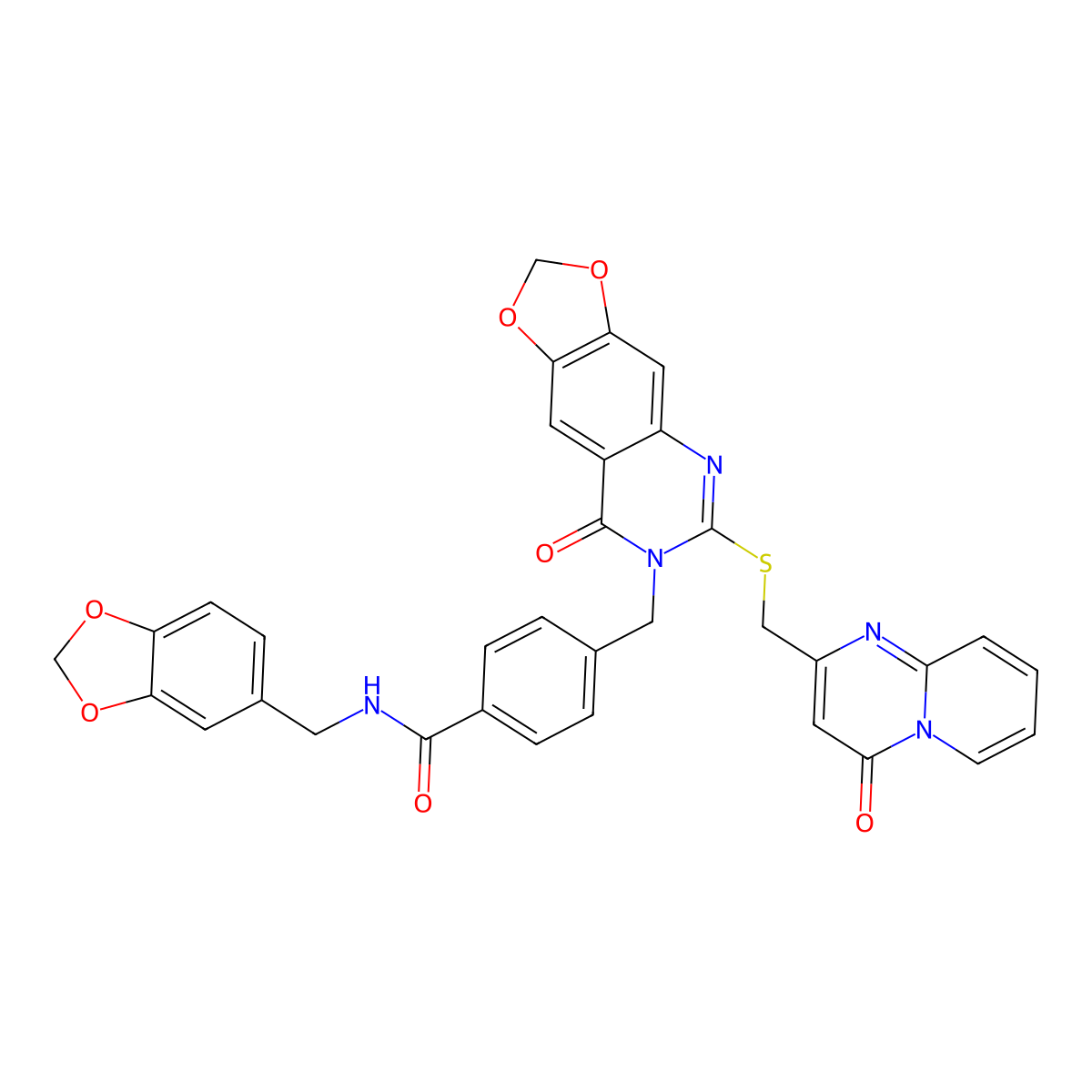 N-[(2H-1,3-benzodioxol-5-yl)methyl]-4-({8-oxo-6-[({4-oxo-4H-pyrido[1,2-a]pyrimidin-2-yl}methyl)sulfanyl]-2H,7H,8H-[1,3]dioxolo[4,5-g]quinazolin-7-yl}methyl)benzamide molecular structure, CAS 688061-87-2