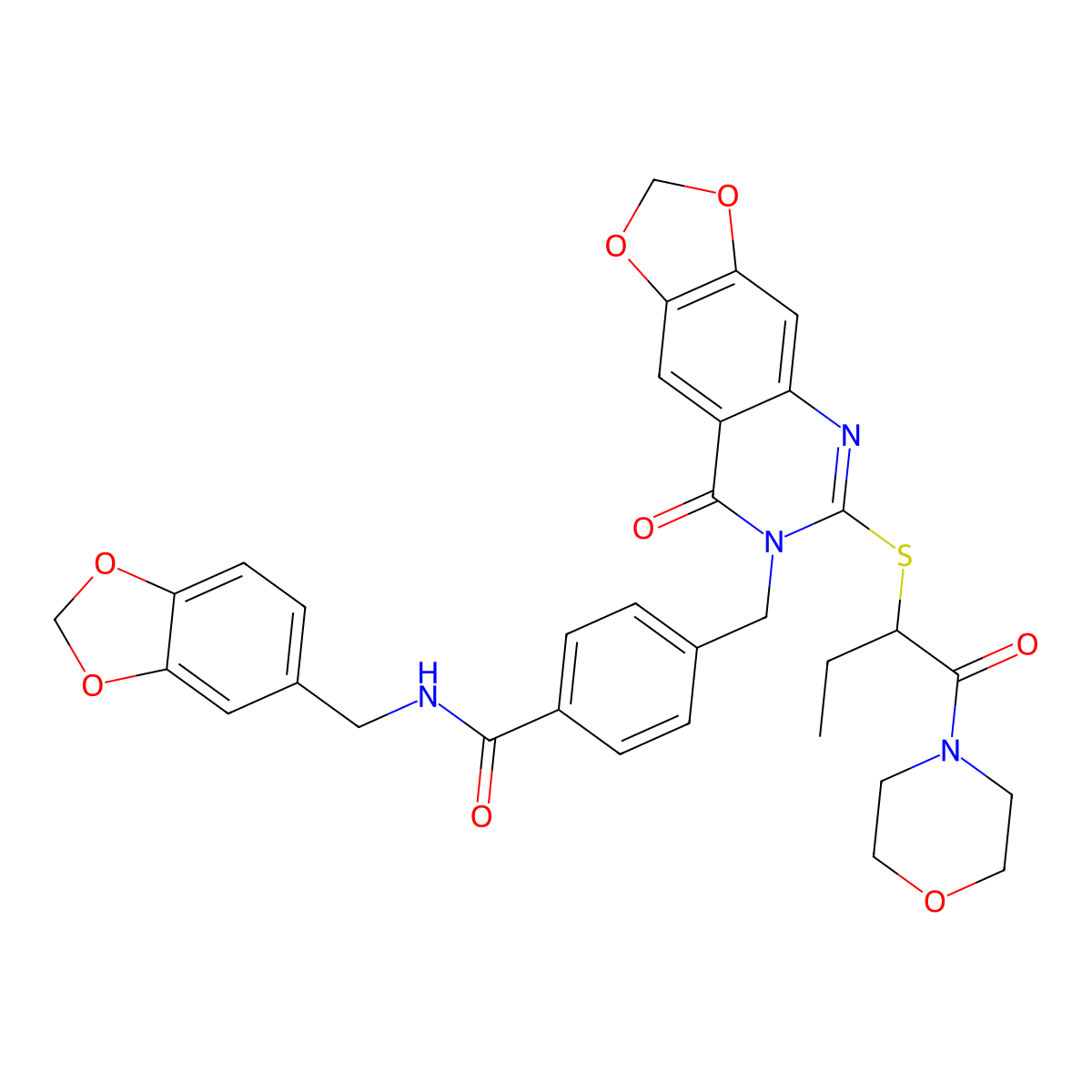 N-[(2H-1,3-benzodioxol-5-yl)methyl]-4-[(6-{[1-(morpholin-4-yl)-1-oxobutan-2-yl]sulfanyl}-8-oxo-2H,7H,8H-[1,3]dioxolo[4,5-g]quinazolin-7-yl)methyl]benzamide molecular structure, CAS 688061-89-4