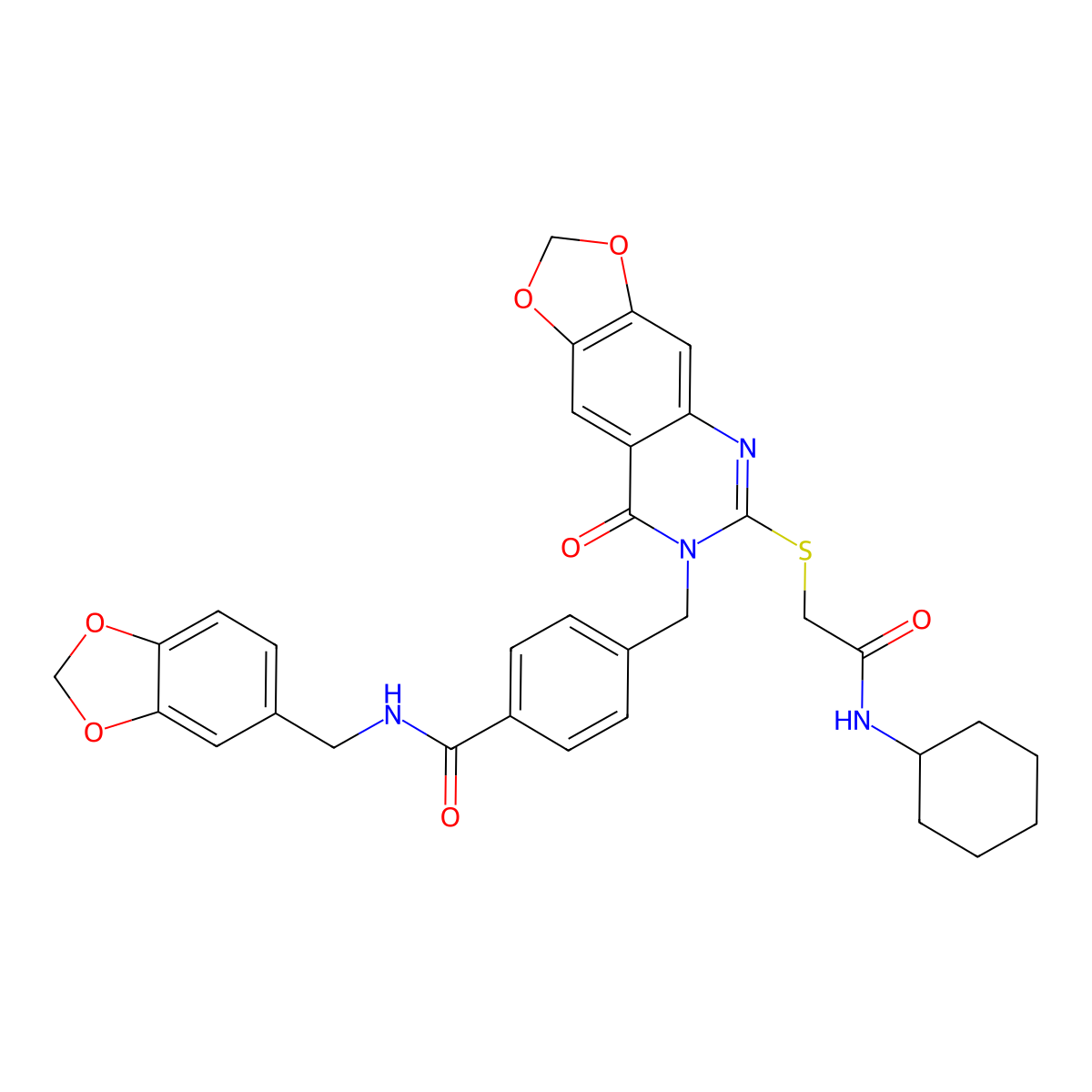 N-[(2H-1,3-benzodioxol-5-yl)methyl]-4-[(6-{[(cyclohexylcarbamoyl)methyl]sulfanyl}-8-oxo-2H,7H,8H-[1,3]dioxolo[4,5-g]quinazolin-7-yl)methyl]benzamide molecular structure, CAS 688061-90-7
