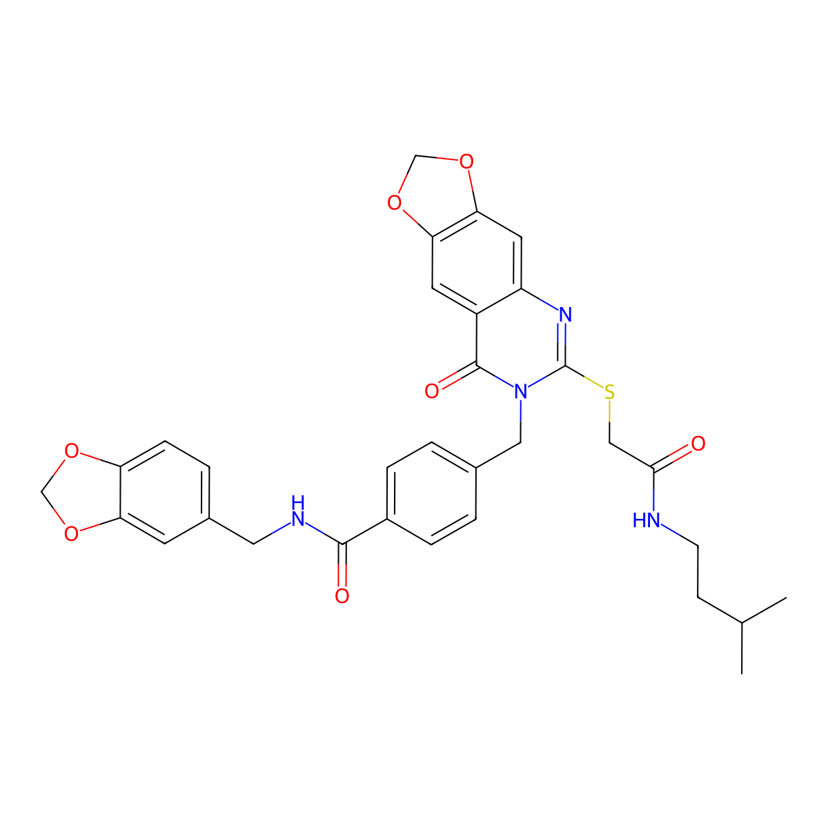 N-(benzo[d][1,3]dioxol-5-ylmethyl)-4-((6-((2-(isopentylamino)-2-oxoethyl)thio)-8-oxo-[1,3]dioxolo[4,5-g]quinazolin-7(8H)-yl)methyl)benzamide molecular structure, CAS 688061-94-1