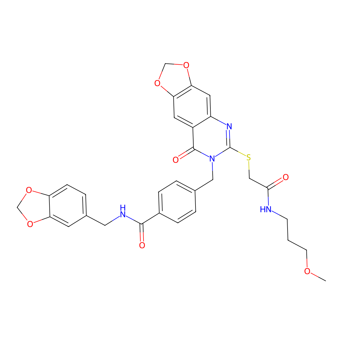 N-(1,3-benzodioxol-5-ylmethyl)-4-{[6-({2-[(3-methoxypropyl)amino]-2-oxoethyl}thio)-8-oxo[1,3]dioxolo[4,5-g]quinazolin-7(8H)-yl]methyl}benzamide molecular structure, CAS 688061-96-3