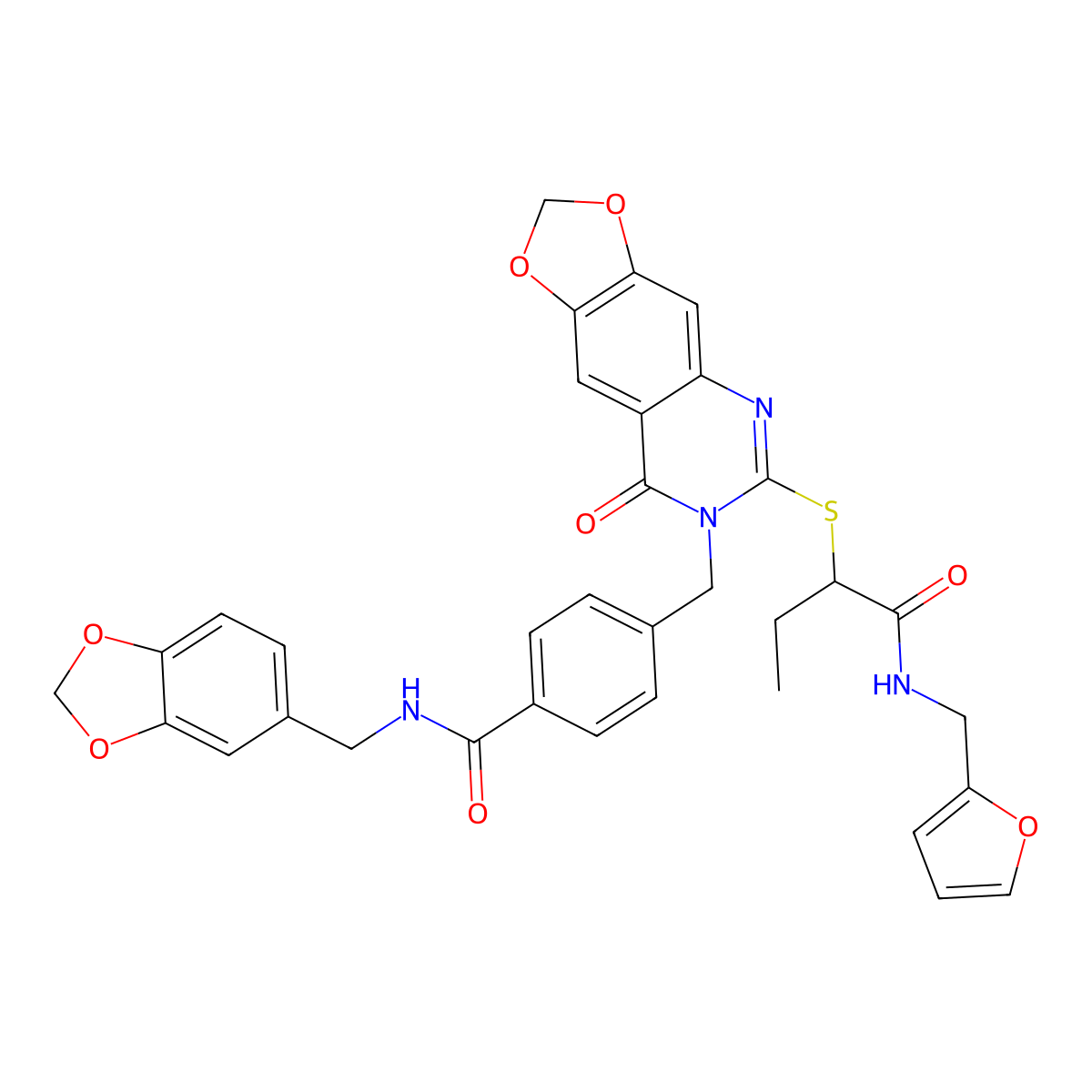 N-[(2H-1,3-benzodioxol-5-yl)methyl]-4-({6-[(1-{[(furan-2-yl)methyl]carbamoyl}propyl)sulfanyl]-8-oxo-2H,7H,8H-[1,3]dioxolo[4,5-g]quinazolin-7-yl}methyl)benzamide molecular structure, CAS 688061-97-4