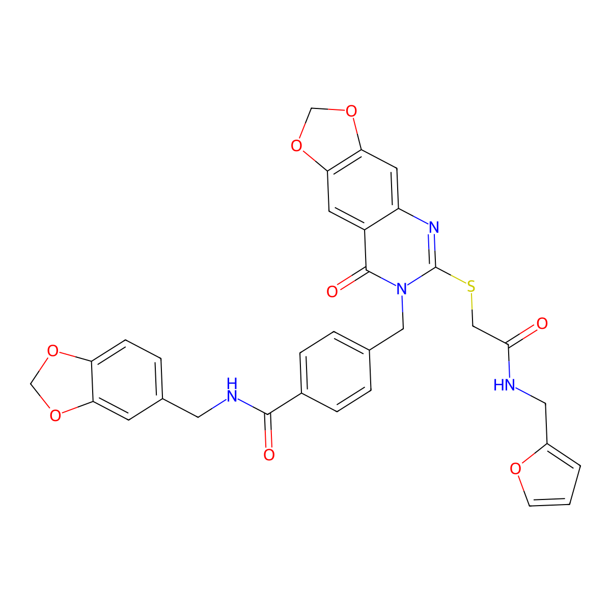 N-[(2H-1,3-benzodioxol-5-yl)methyl]-4-({6-[({[(furan-2-yl)methyl]carbamoyl}methyl)sulfanyl]-8-oxo-2H,7H,8H-[1,3]dioxolo[4,5-g]quinazolin-7-yl}methyl)benzamide molecular structure, CAS 688061-98-5