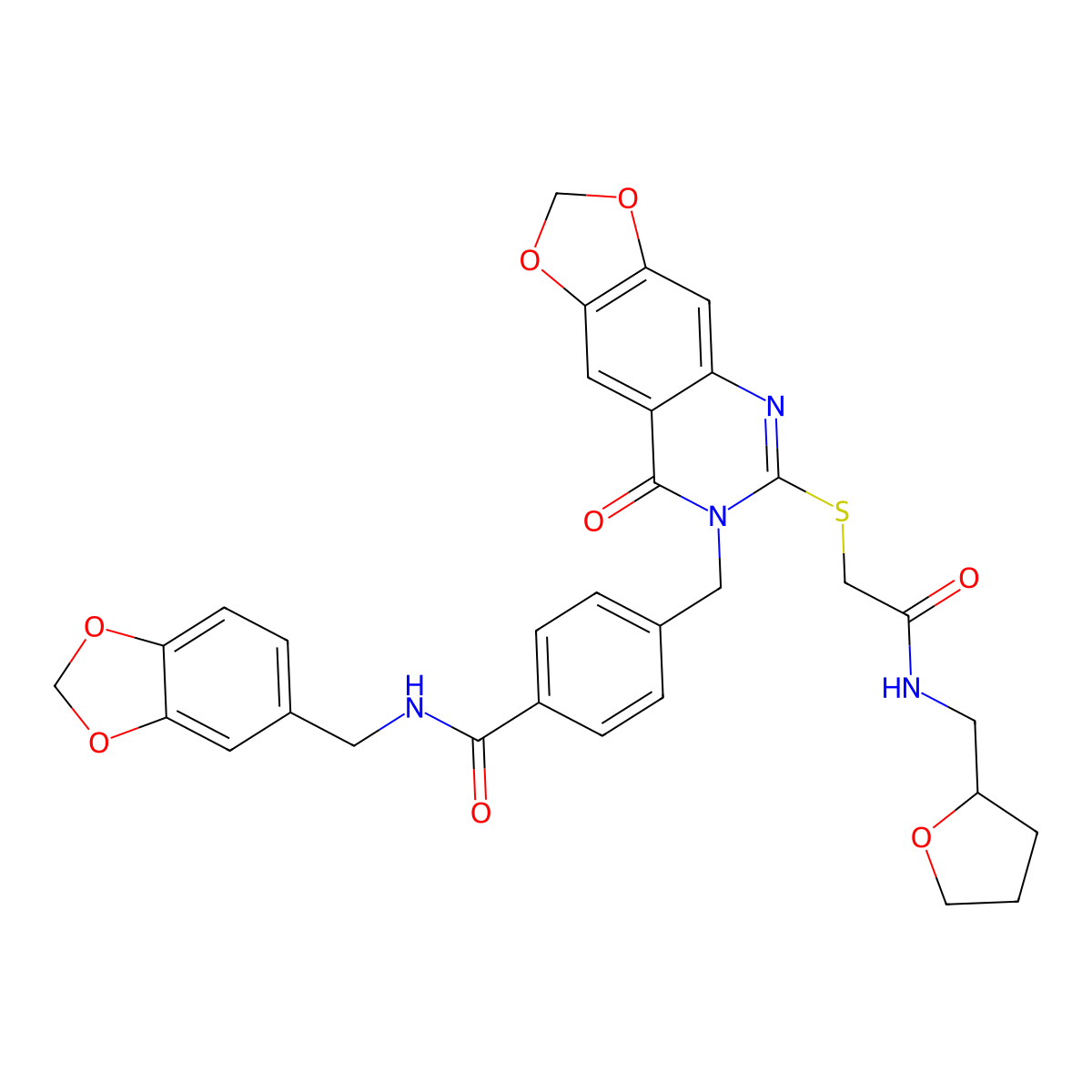 N-[(2H-1,3-benzodioxol-5-yl)methyl]-4-({8-oxo-6-[({[(oxolan-2-yl)methyl]carbamoyl}methyl)sulfanyl]-2H,7H,8H-[1,3]dioxolo[4,5-g]quinazolin-7-yl}methyl)benzamide molecular structure, CAS 688061-99-6