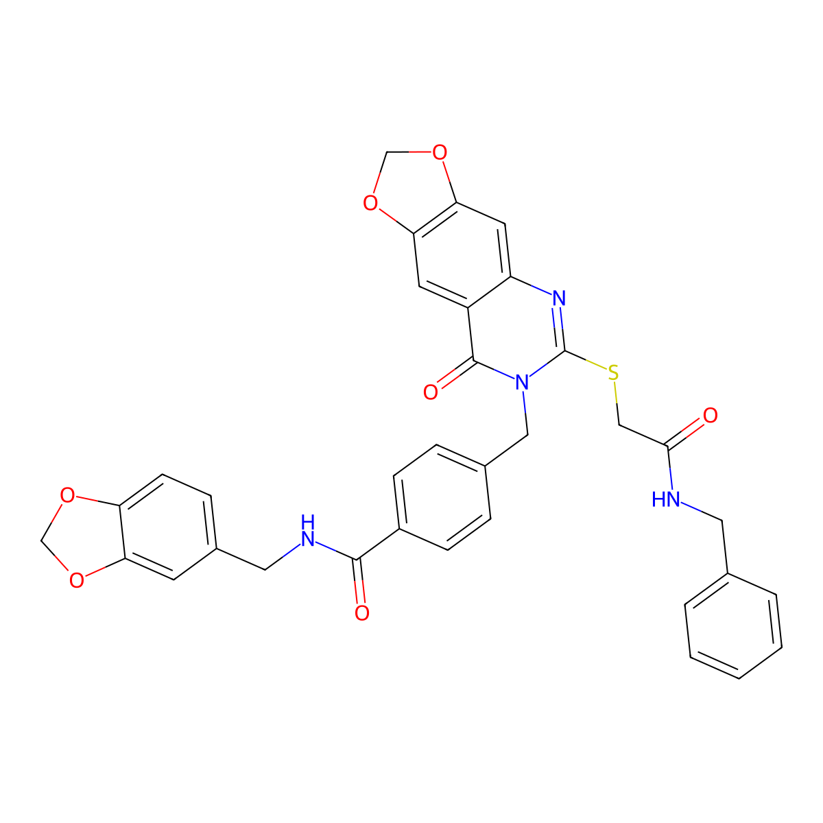 N-[(2H-1,3-benzodioxol-5-yl)methyl]-4-[(6-{[(benzylcarbamoyl)methyl]sulfanyl}-8-oxo-2H,7H,8H-[1,3]dioxolo[4,5-g]quinazolin-7-yl)methyl]benzamide molecular structure, CAS 688062-00-2