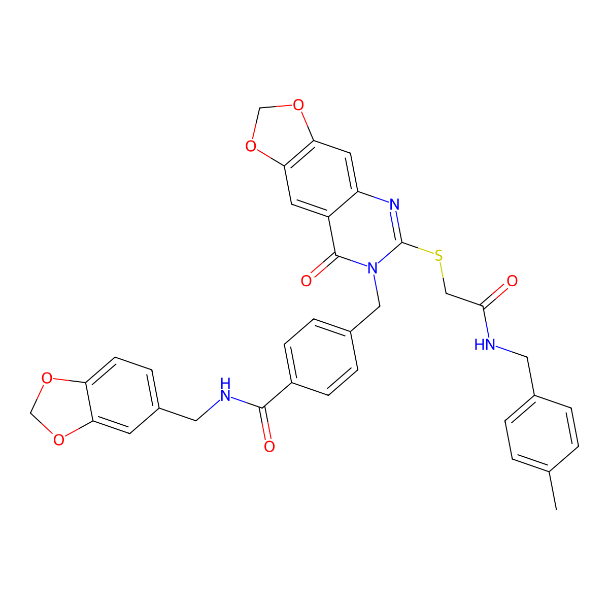 N-[(2H-1,3-benzodioxol-5-yl)methyl]-4-({6-[({[(4-methylphenyl)methyl]carbamoyl}methyl)sulfanyl]-8-oxo-2H,7H,8H-[1,3]dioxolo[4,5-g]quinazolin-7-yl}methyl)benzamide molecular structure, CAS 688062-01-3