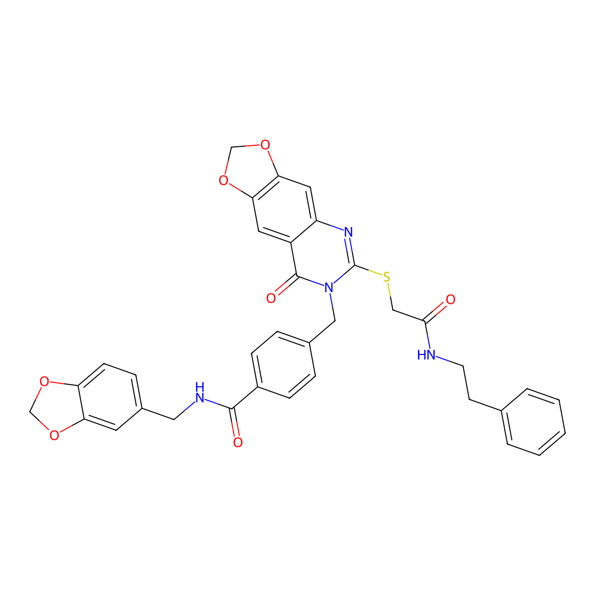 N-(benzo[d][1,3]dioxol-5-ylmethyl)-4-((8-oxo-6-((2-oxo-2-(phenethylamino)ethyl)thio)-[1,3]dioxolo[4,5-g]quinazolin-7(8H)-yl)methyl)benzamide molecular structure, CAS 688062-03-5