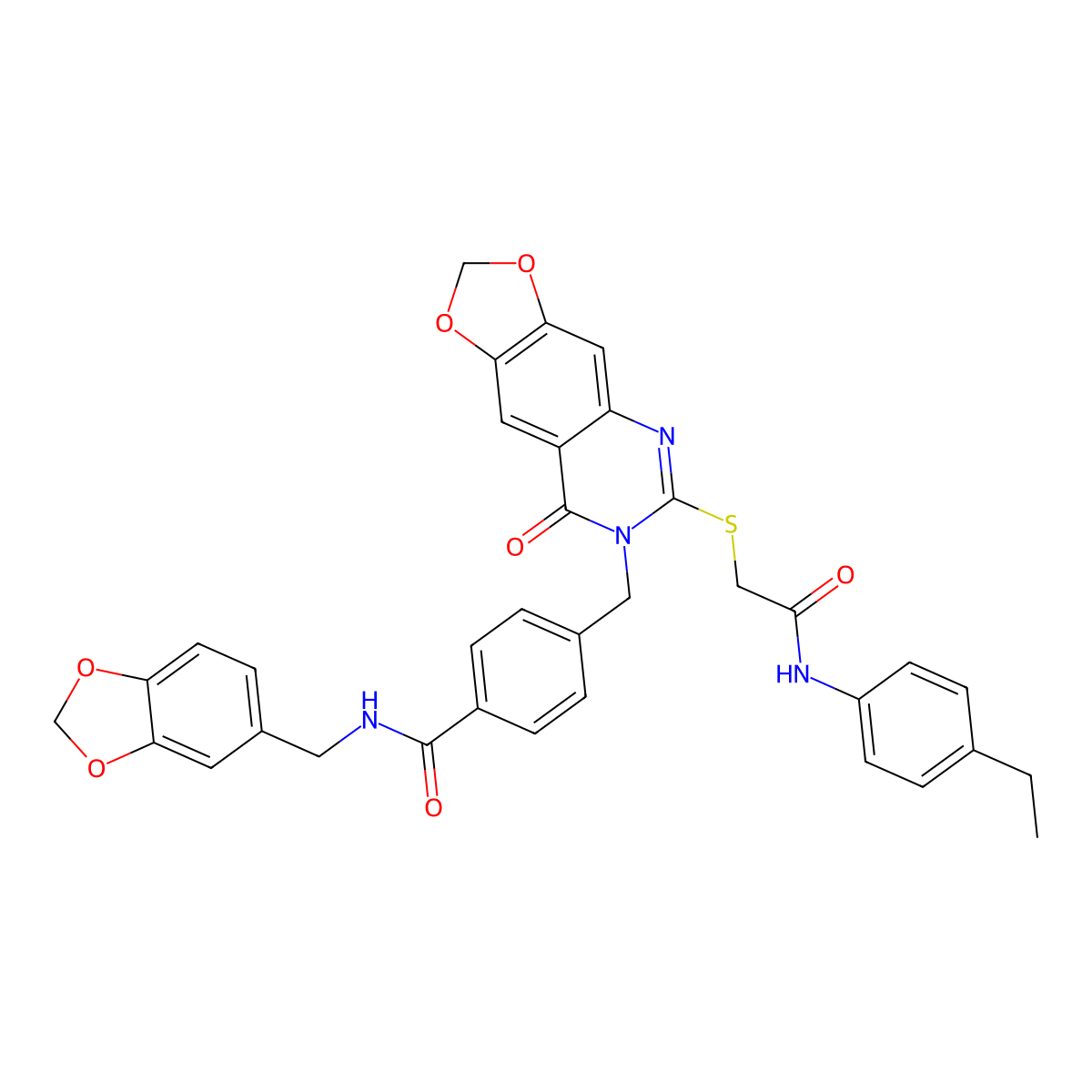N-(1,3-benzodioxol-5-ylmethyl)-4-{[6-({2-[(4-ethylphenyl)amino]-2-oxoethyl}thio)-8-oxo[1,3]dioxolo[4,5-g]quinazolin-7(8H)-yl]methyl}benzamide molecular structure, CAS 688062-04-6