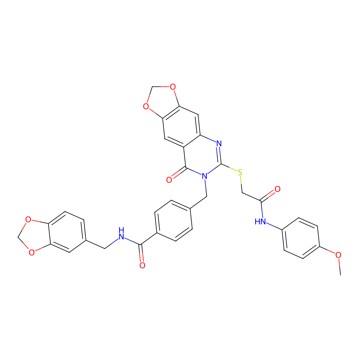 N-[(2H-1,3-benzodioxol-5-yl)methyl]-4-{[6-({[(4-methoxyphenyl)carbamoyl]methyl}sulfanyl)-8-oxo-2H,7H,8H-[1,3]dioxolo[4,5-g]quinazolin-7-yl]methyl}benzamide molecular structure, CAS 688062-05-7