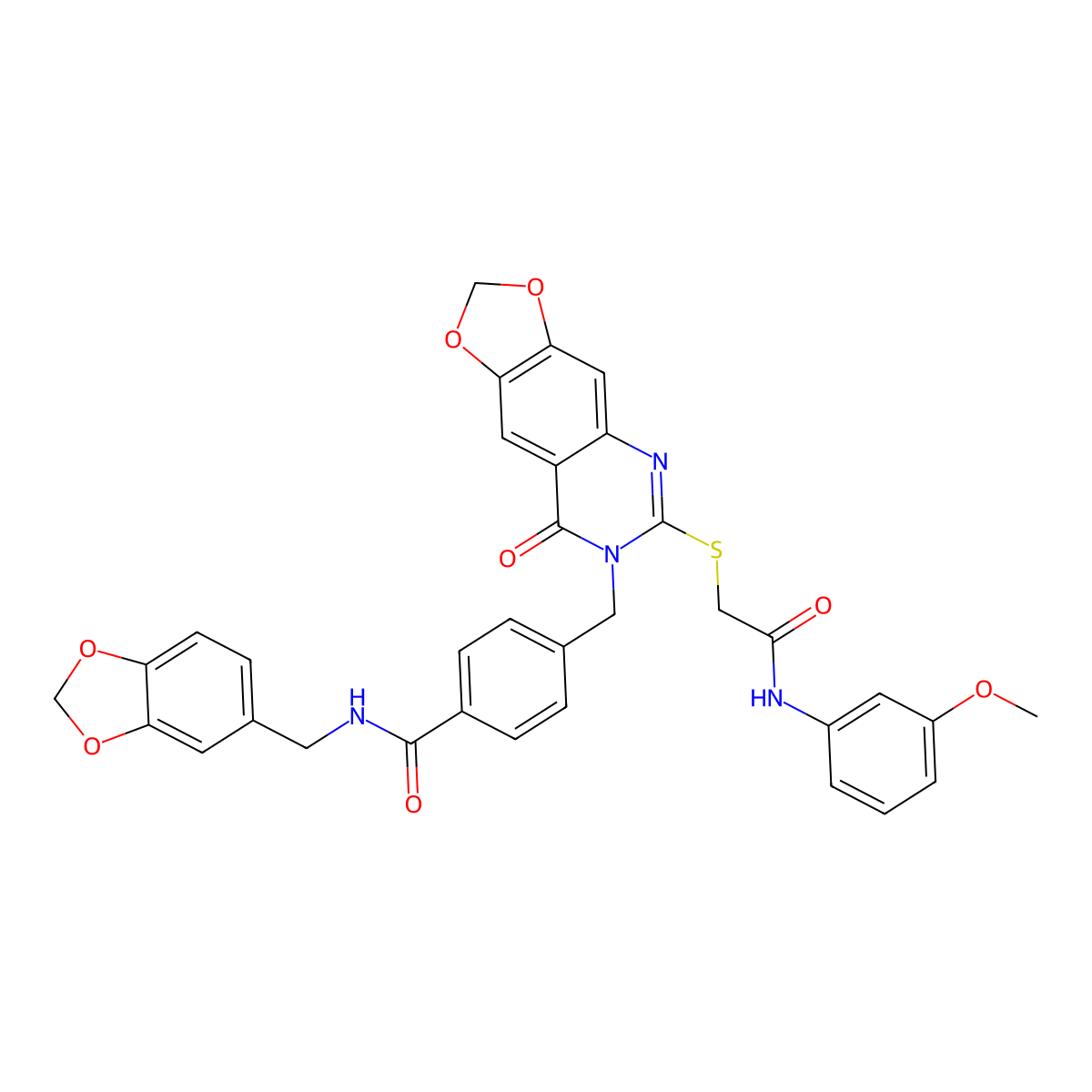 N-[(2H-1,3-benzodioxol-5-yl)methyl]-4-{[6-({[(3-methoxyphenyl)carbamoyl]methyl}sulfanyl)-8-oxo-2H,7H,8H-[1,3]dioxolo[4,5-g]quinazolin-7-yl]methyl}benzamide molecular structure, CAS 688062-06-8